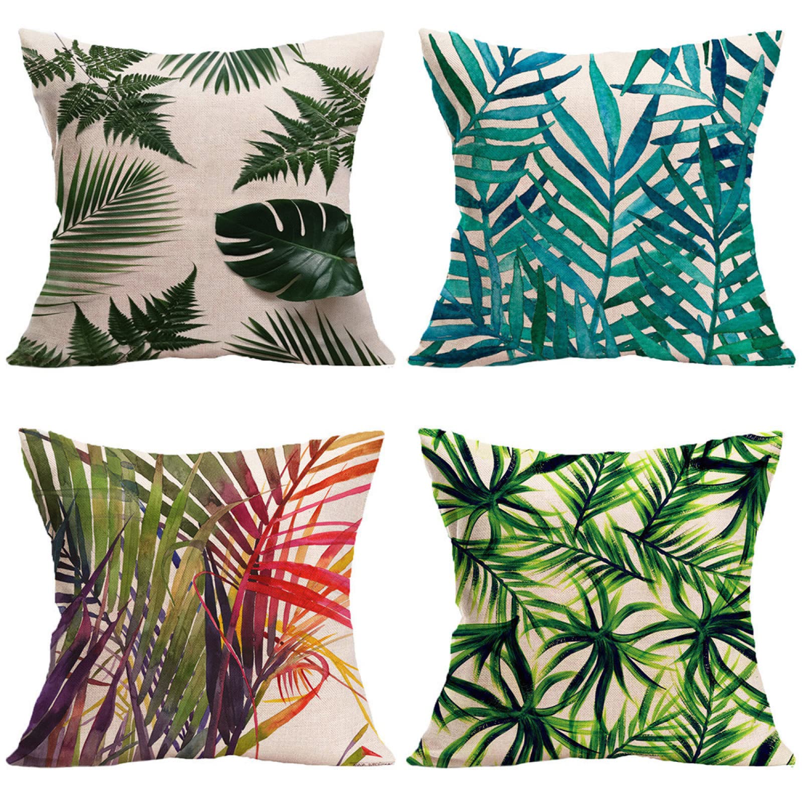 Housse de coussin 65x65cm lot de 4 en lin avec motif feuilles vertes pour canapé et lit