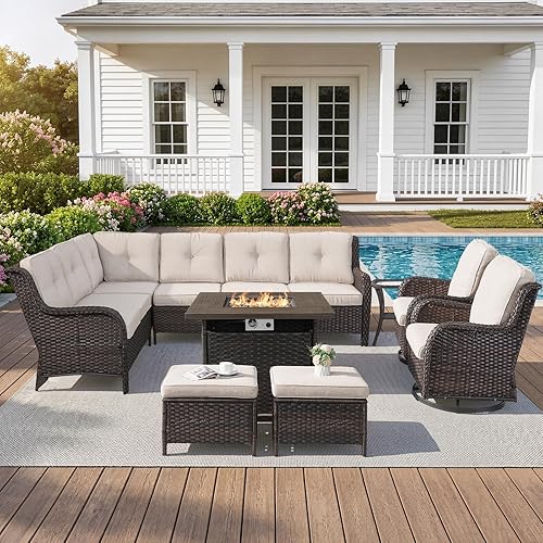 Belord Patio Furniture Set with Fire Pit Table,8 Piece Wicker Outdoor Furniture Set, Swivel Rocker Chairs with Ottomans and Sectional Couch, All Weather Patio Conversation Set,Brown Wicker/Beige