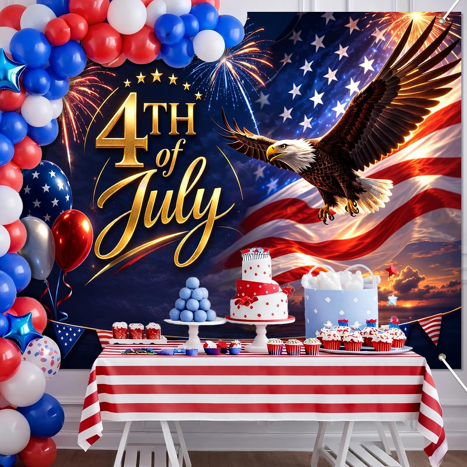 BlissYard Fourth of July Decorations Backdrop Independence Day Patriotic Holiday Party Banner 8x6ft USA Celebration Decor Liberty Eagle Fireworks Patriotic Event Decoration Veterans Day Memorial Day