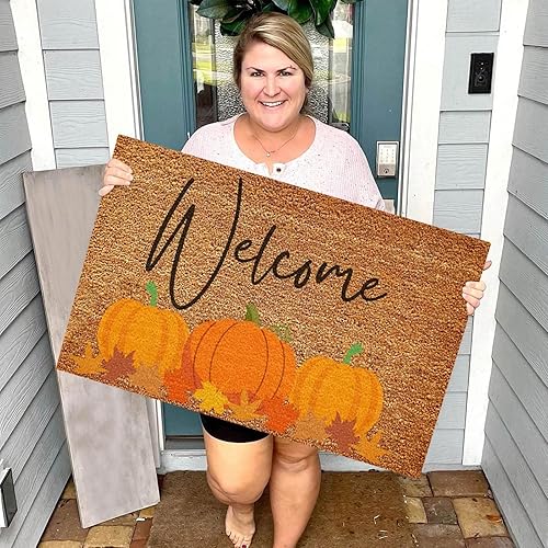 Miniatura 2 de Alfombrillas de goma para puerta de bienvenida, bloque de color, feliz cosecha, para interiores, Acción de Gracias, atractivo, otoño, divertido