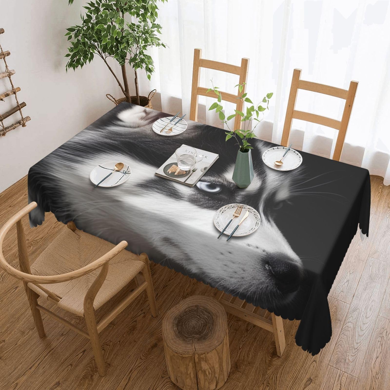 WPKJU Husky Dog Printed Rectangle Tablecloth 72x54 Inch with Lace Trim, Water-Resistant Washable Table Cover for Farmhouse Weddings, Outdoor Picnics & Holiday Dining
