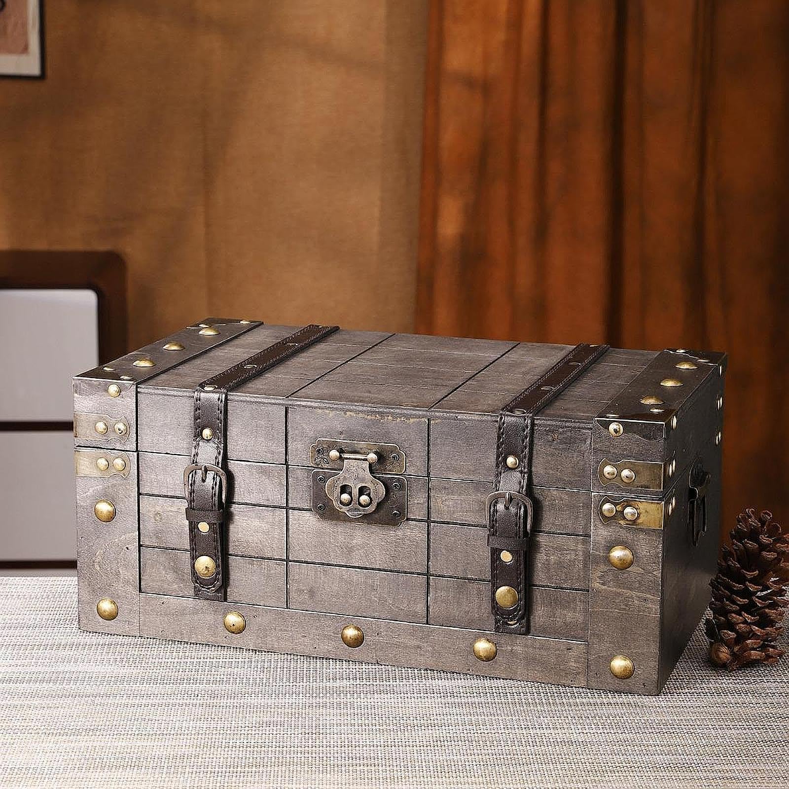 Baúl Pirata Caja de Recuerdos Contenedor Portátil Vintage Tapa Abatible Material de Madera Aleación Adecuado para Almacenaje Regalos, 33 Cm X 20 Cm X 14