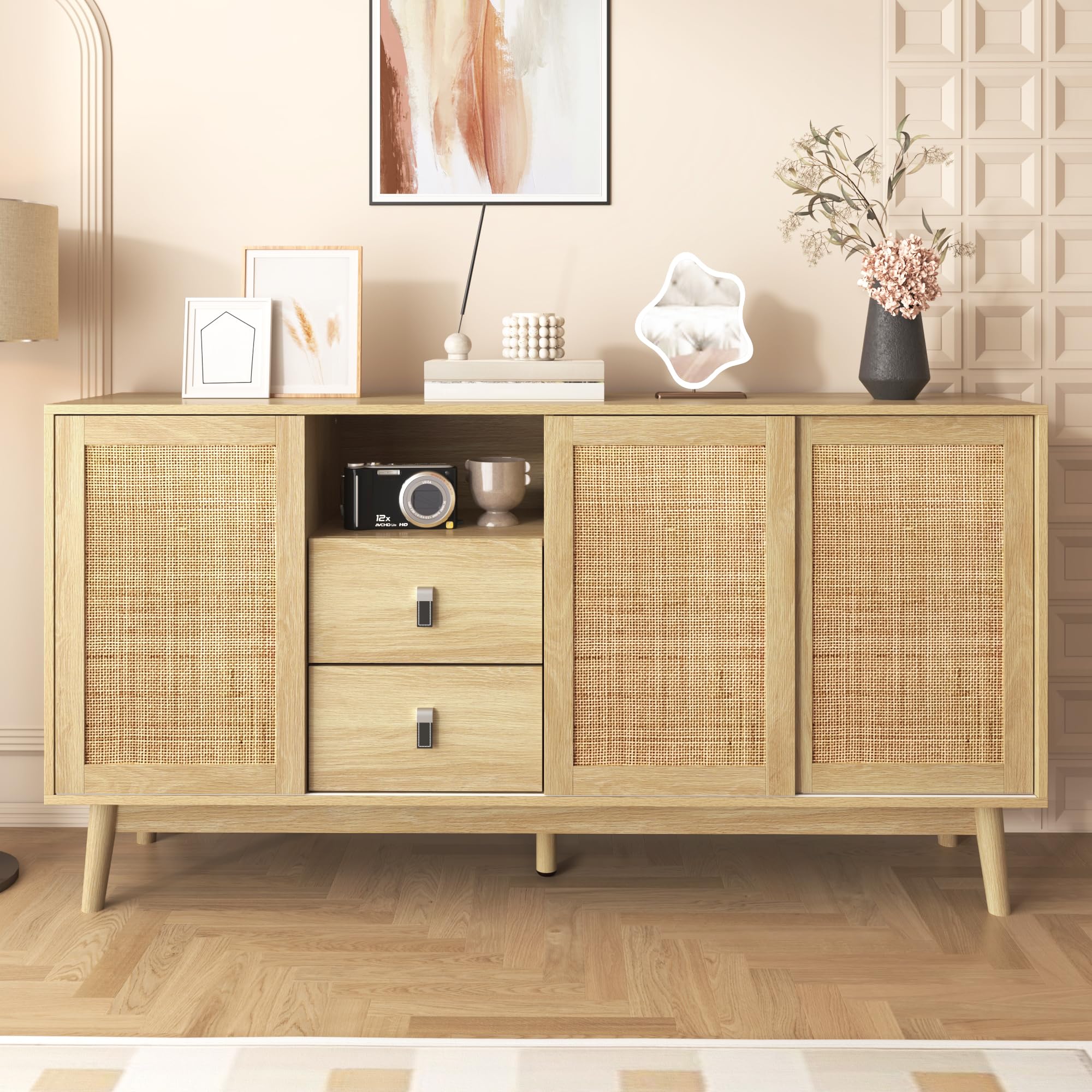 SUKY Aparador con 3 puertas correderas de ratán auténtico y 2 cajones, transpirable, estable y versátil, 155 x 38 x 80 cm