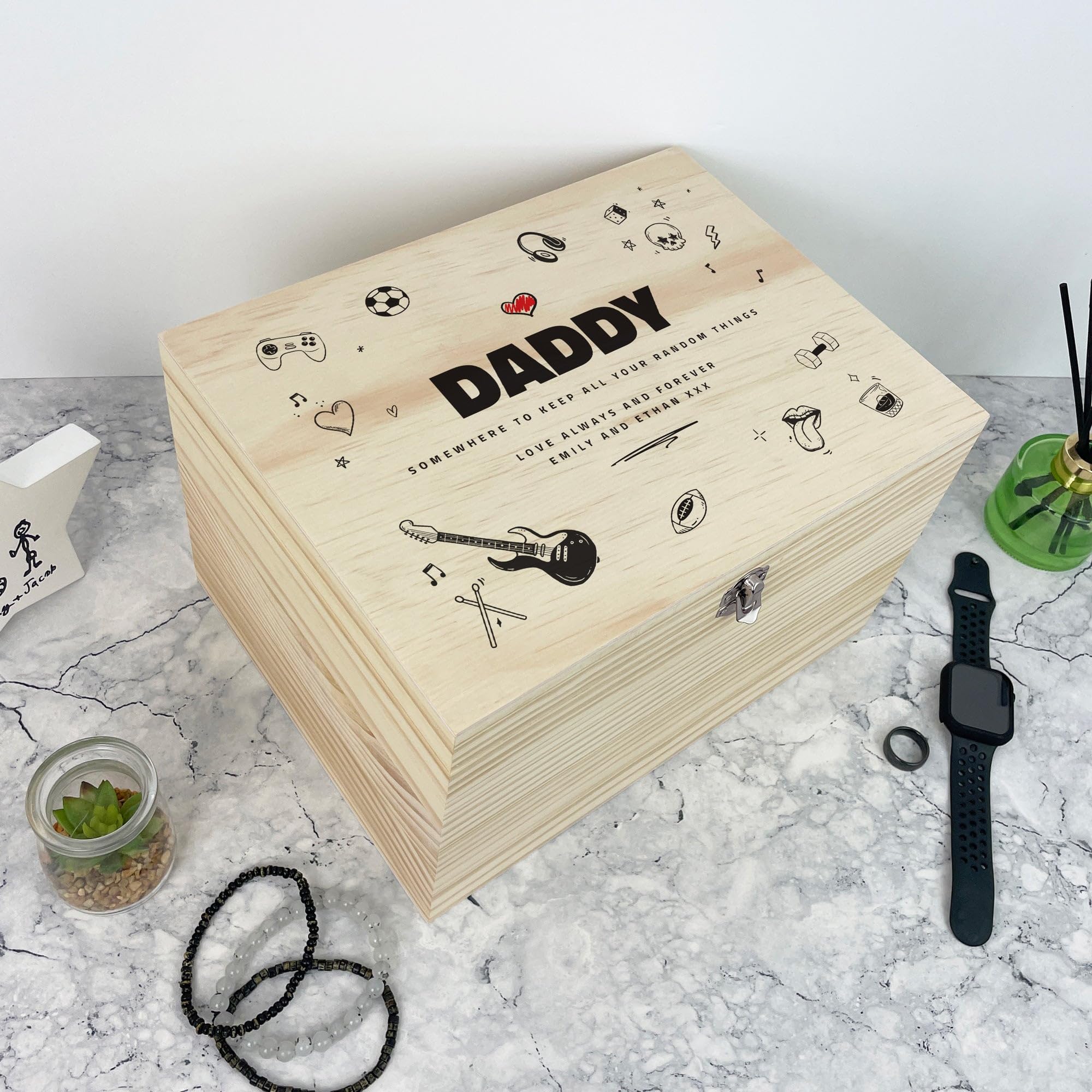 Caja de recuerdos personalizada de madera de pino con diseño de garabatos del día del padre, regalo del día del padre, caja de recuerdo de madera personalizada, añade tu propio texto, bisagras y