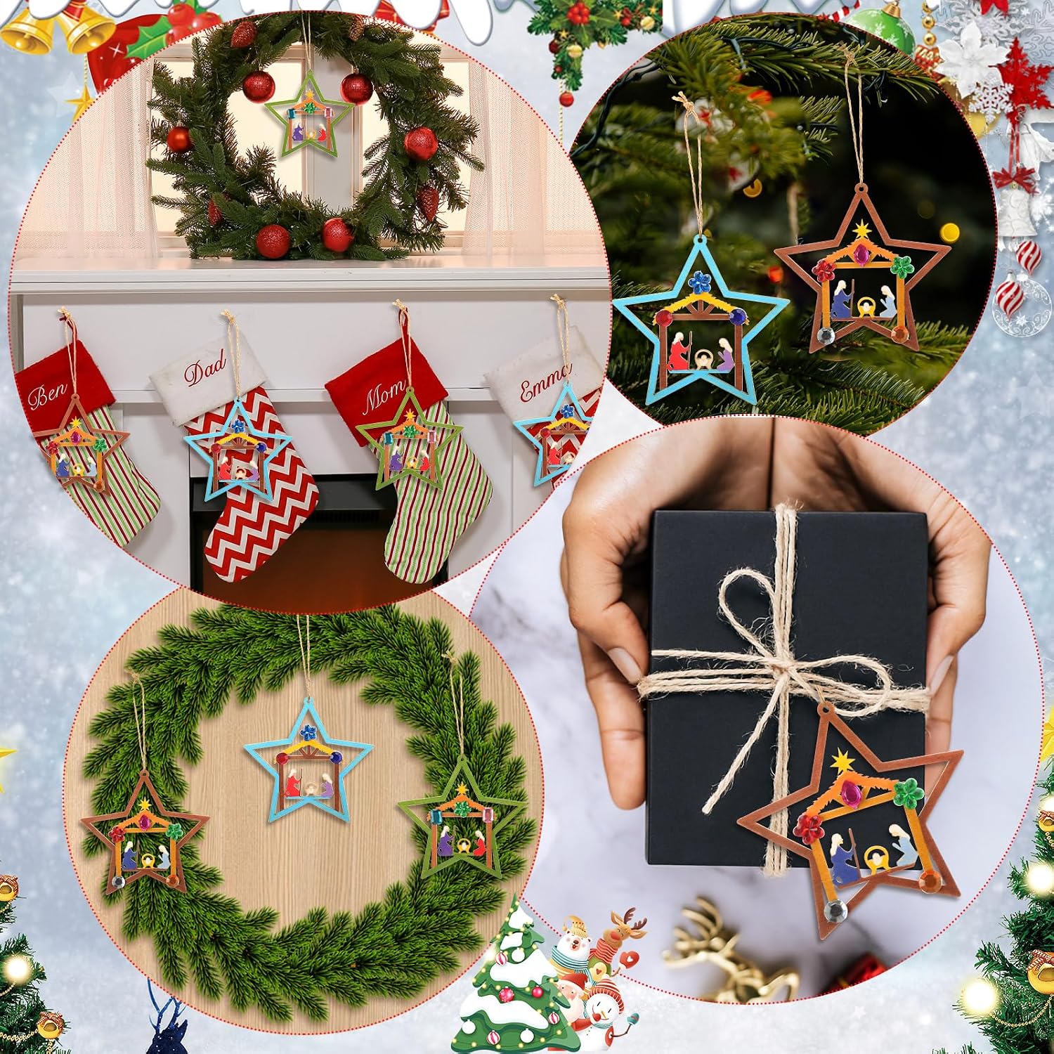 DoubleFill 24 Pcs Christmas Nativity Ornament Crafts Kits for Kids Classroom, Unfinished Wooden Nativity Hanging Ornaments, DIY Coloring Christian Wooden Craft for School Art Activity(Star)