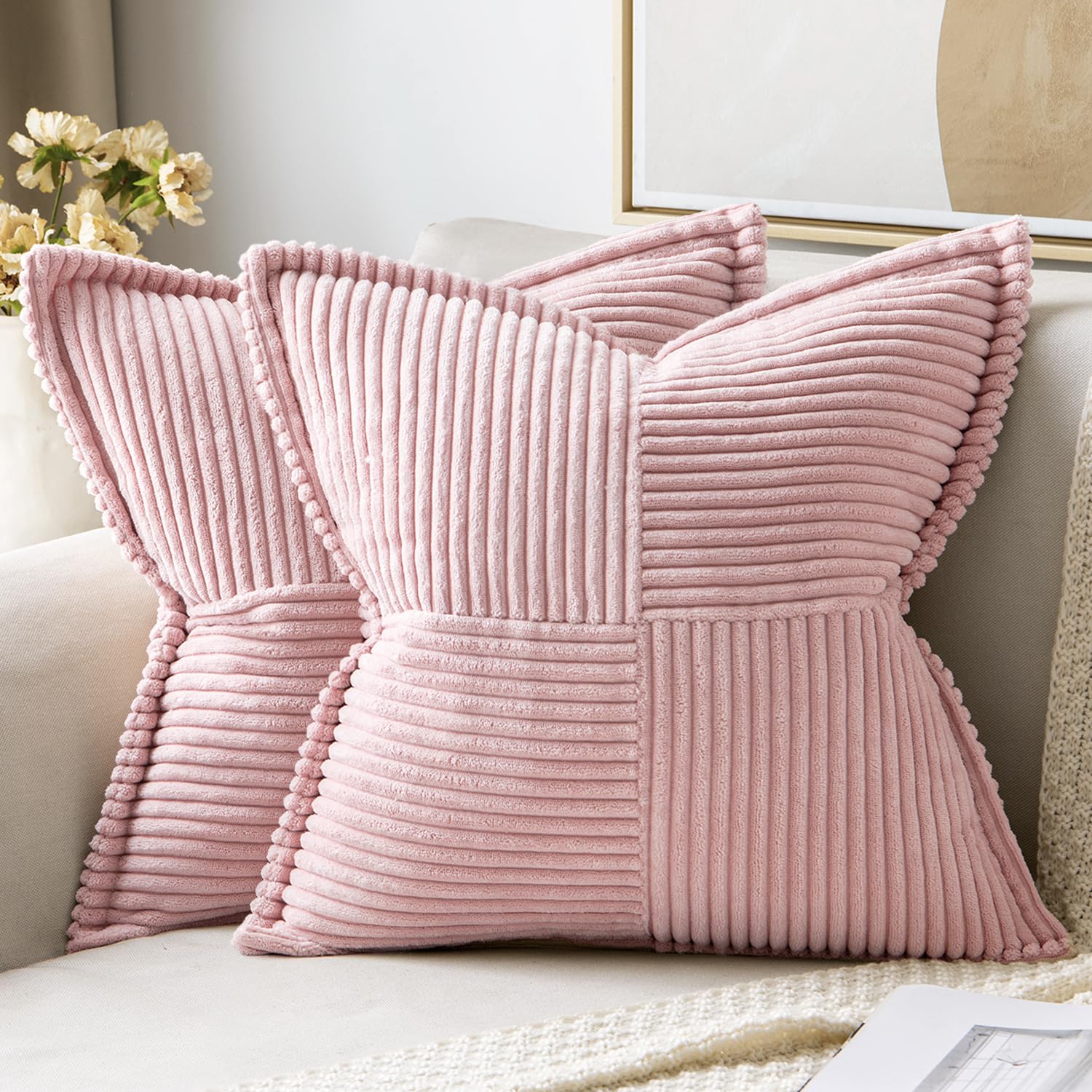 MIULEE Spring Decorative Throw Pillow Covers for Couch Bed Livingroom 18x18 Inch Set of 2 Pink Boho Accent Throw Pllows Broadside Striped Patchwork Soft Corduroy Pillowcases Valentine Decor
