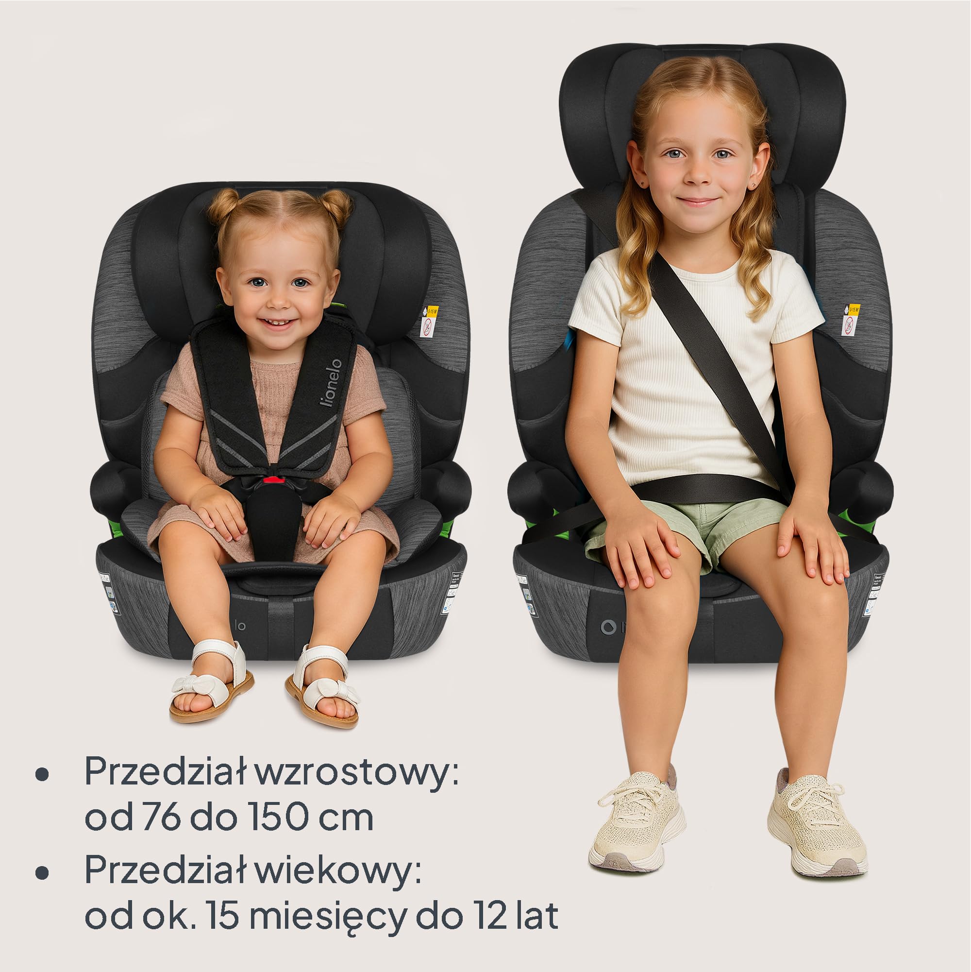 Lionelo Levi Fix I-SIZE fotelik dziecięcy 76-150 cm do 18 kg, grupa 1 2 3, osłona boczna, regulacja zagłówka 10 stopni, ISOFIX i montaż Top Tether, R129 i-Size