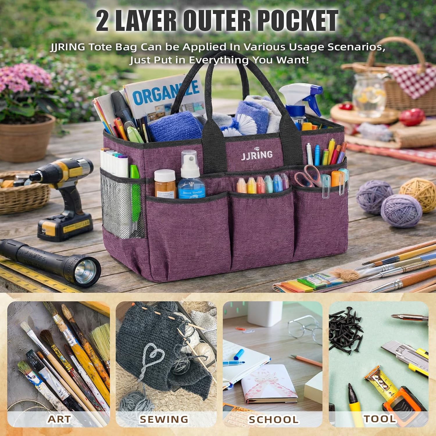 JJRING Large Art Supply Storage Tote Bag With 2 Mesh Side Pockets & Front Elastic Pockets – Sturdy Craft Organizer Caddy with Reinforced Bottom For Sewing, Scrapbooking, Teachers & Artists(Purple) | Breathable Material, Foldable