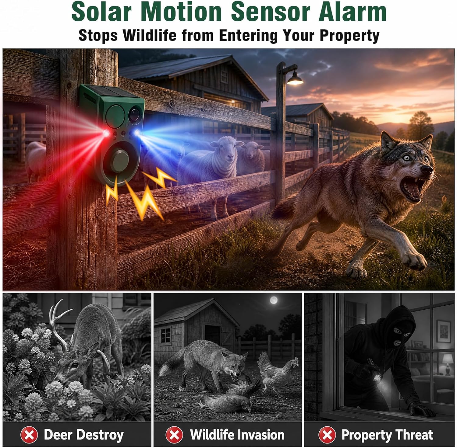 ChunHee Solar Outdoor Motion Sensor Alarm with Dog Barking Alarm Sound, Support Recording and Adjustable Volume, 130db Loud Noise Maker 3 Work Modes Strobe Light for Home, Villa, Farm, Barn 4pack