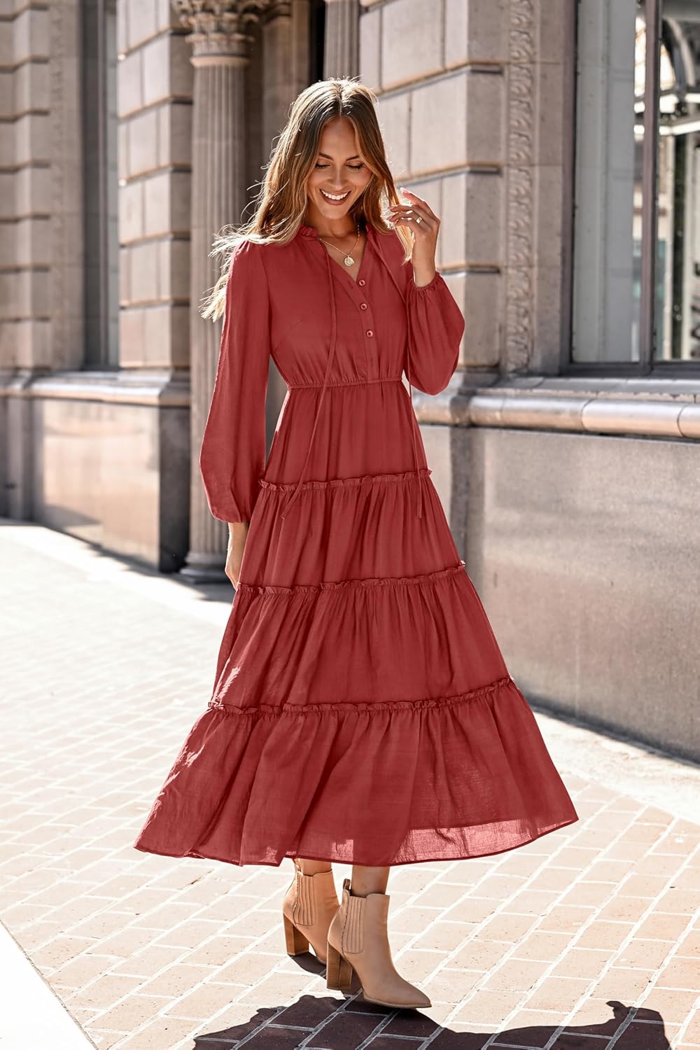 MASCOMODA Fall Long Sleeve Maxi Dresses for Women 2025 Casual Boho Button Ruffle Neck Tiered A Line Flowy Wedding Guest Dress - Image 3