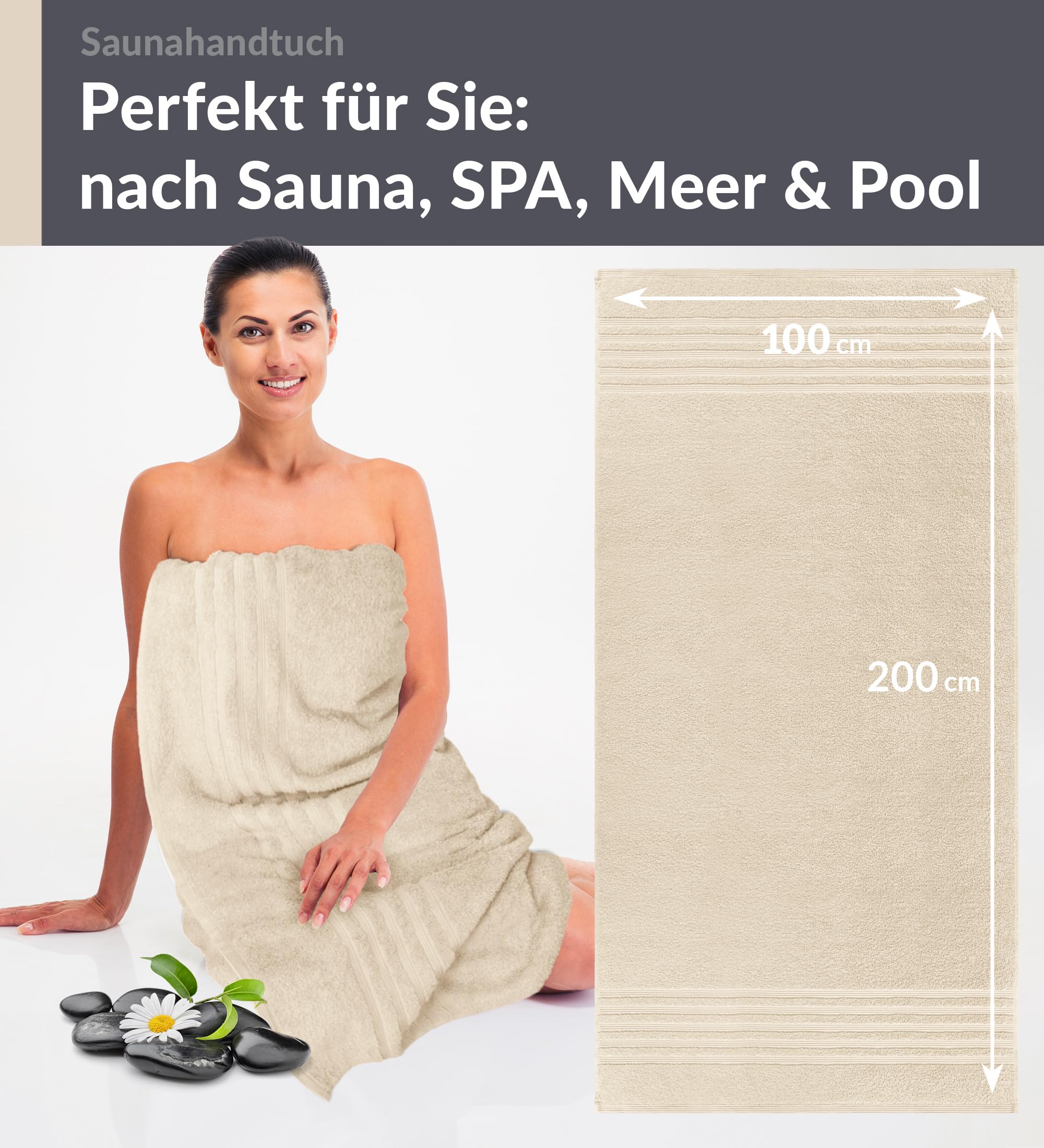 Lashuma Badehandtuch groß 100x200 cm Natur – Saugstarkes Weiches Saunahandtuch 100% Baumwolle