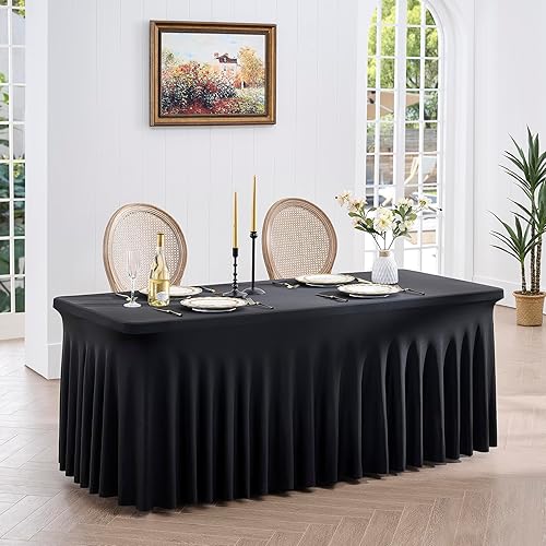 Miniatura 6 de gogoparti Mantel de elastano azul marino de 6 pies, paquete de 2 manteles para mesas rectangulares de 6 pies, faldas de mesa ajustables elásticas