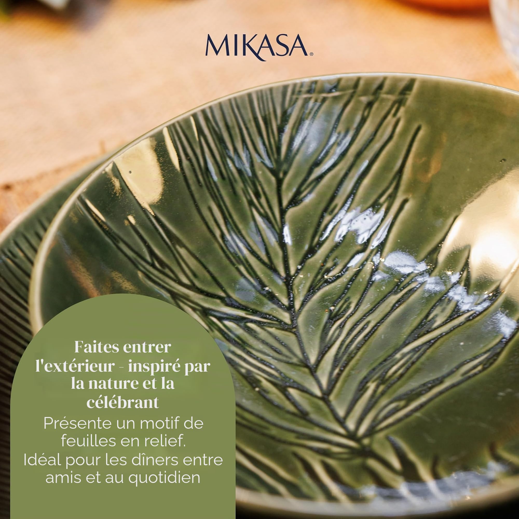Mikasa Jardin Ensemble de bols 4 pièces, 4x bols en grès émaillé, design botanique vert, bols à pâtes, 20cm - lavable au lave-vaisselle et empilable