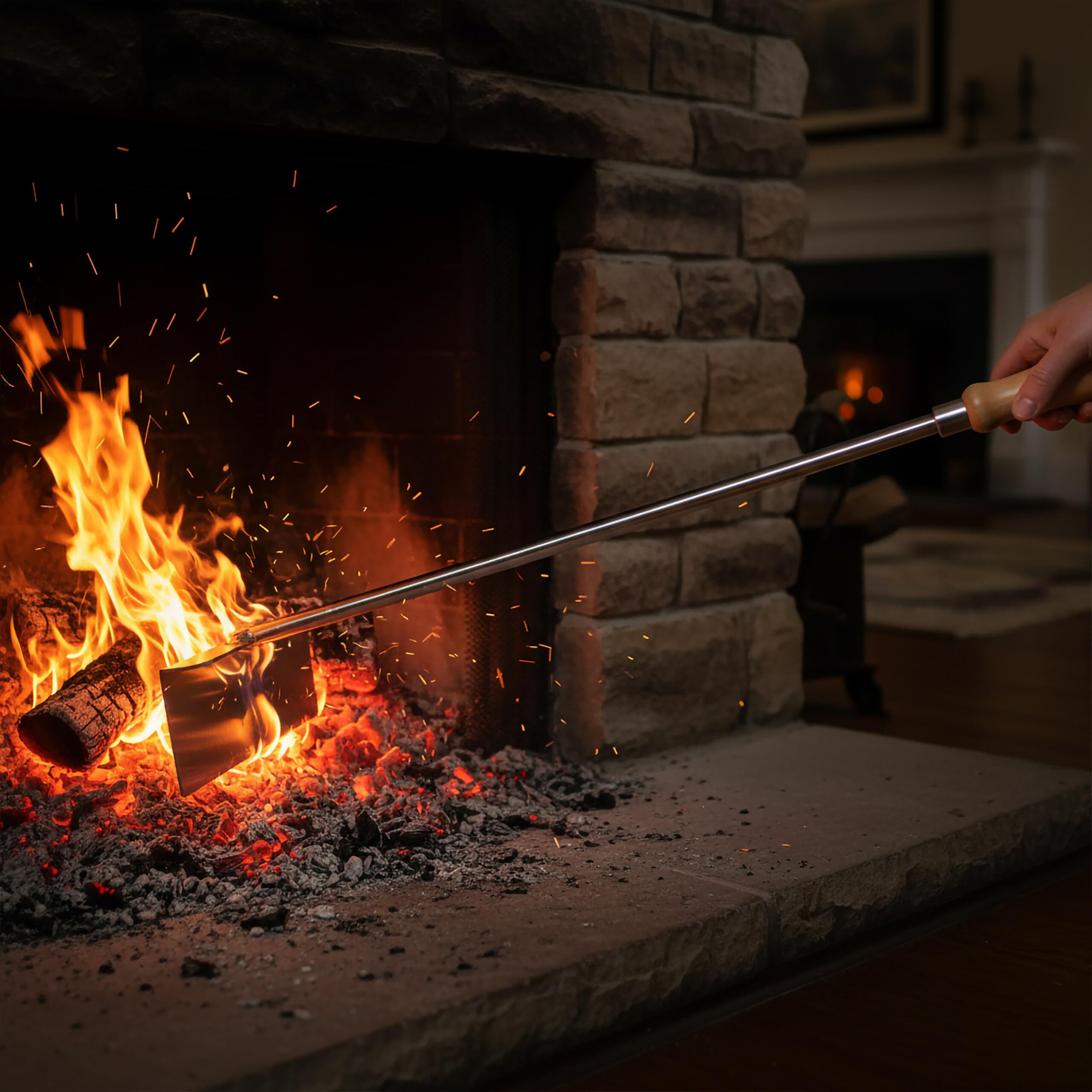 Rascador de Cenizas Relaxdays, Acero Inoxidable, Mango de Madera, 58,5 cm, Pala para chimeneas, Gancho para Cenizas.
