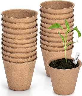 gueche 60Pcs 6cm Biodegradable Fibre Seed Pots for Seedling and Transplanting with 60Pcs Plastic Plant labels, Biodegradable Herb Plant, Flower, Seed Starter Pots Kits, cuttings, vegetable, Garden