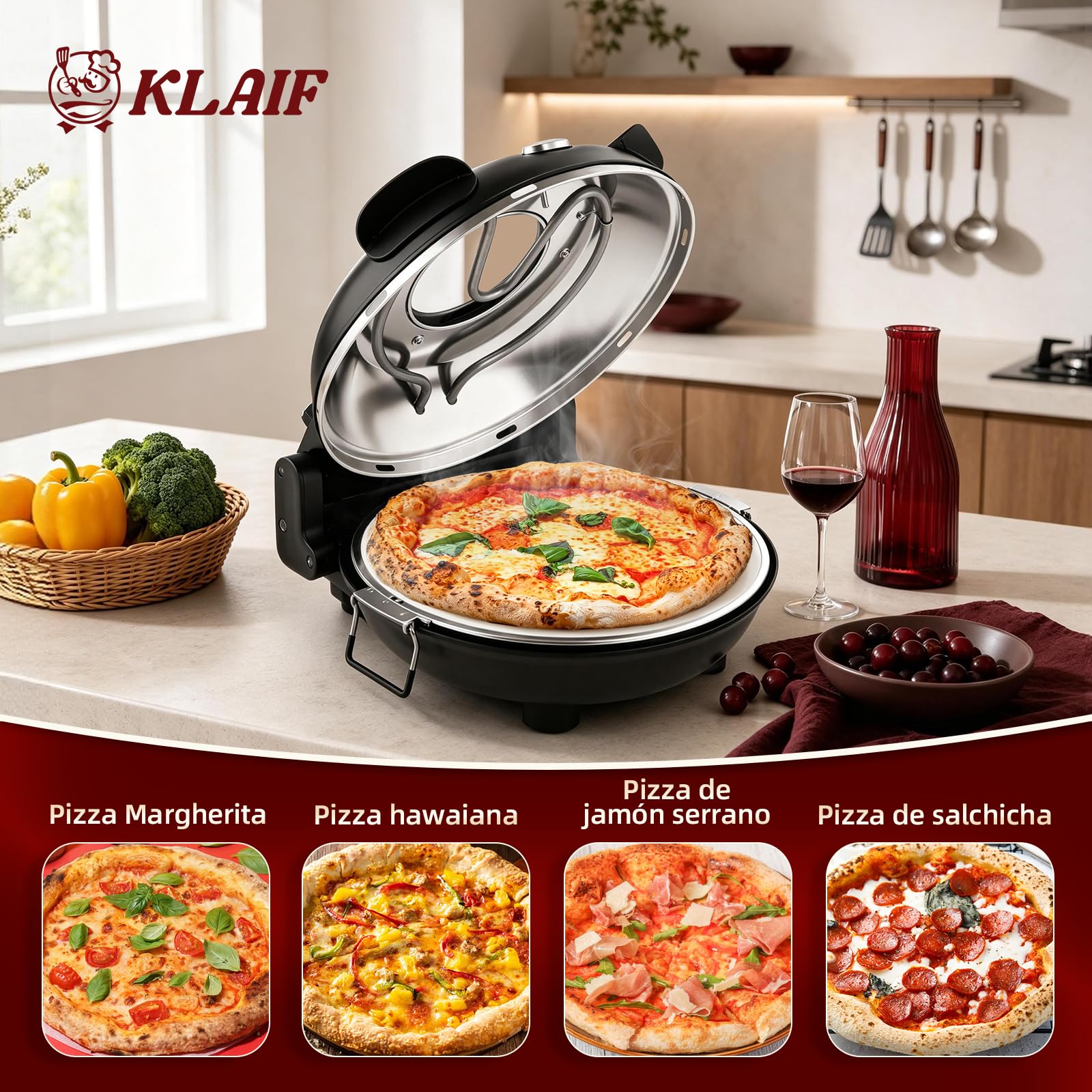 KLAIF Horno eléctrico para pizza con piedra cerámica de 31 cm, dos controles de temperatura ajustables, incluyendo 4 utensilios de pizza, LMC-negro