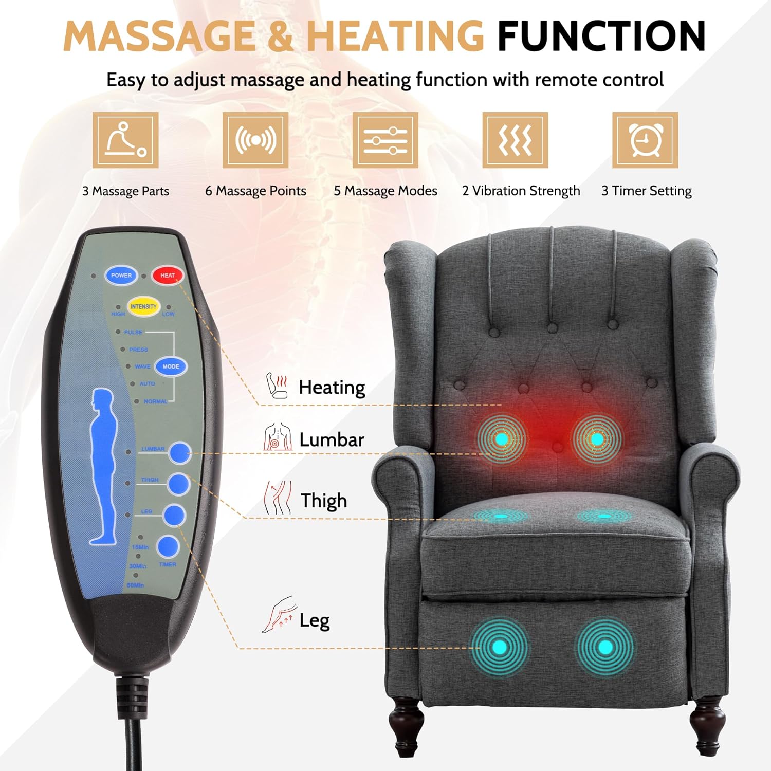 BINGTOO Push Back Recliner Chair with Massage and Heat, Mid Century Tufted Fabric Wingback Chair with Rivet Decoration for Living Room, Bedroom, Gray, 1 Chair