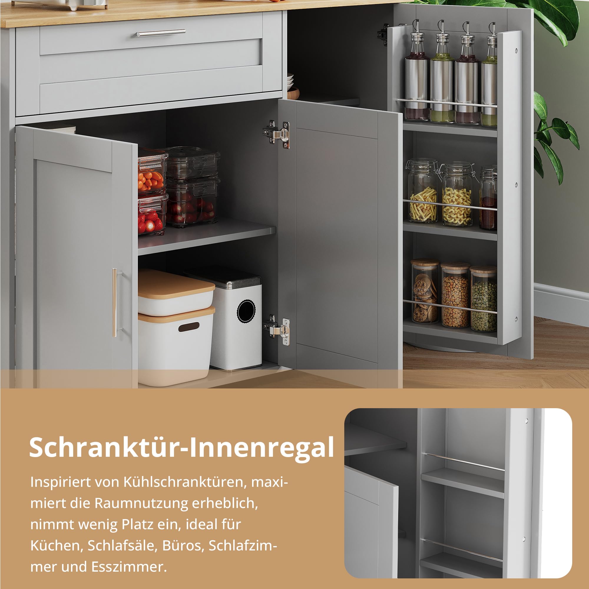 ilot Central Cuisine,desserte à roulettes Cuisine,Meubles de Cuisine avec Plan de Travail Rabattable,avec Espace de Rangement (Gris, 132.5x44x90cm)