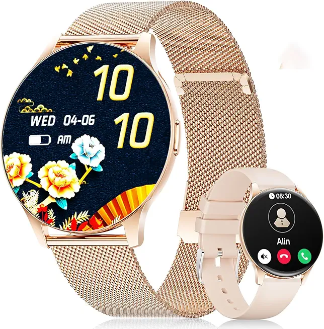 LIGE Smartwatch Damen(2 Armbändern),1.43" HD AMOLED Display Smartwatch mit Telefonfunktion,Fitnessuhr,Sportuhr mit 120+ Sportmodi,Schlaftracking,Menstruationszyklus,Uhr für iOS/Android,Roségold