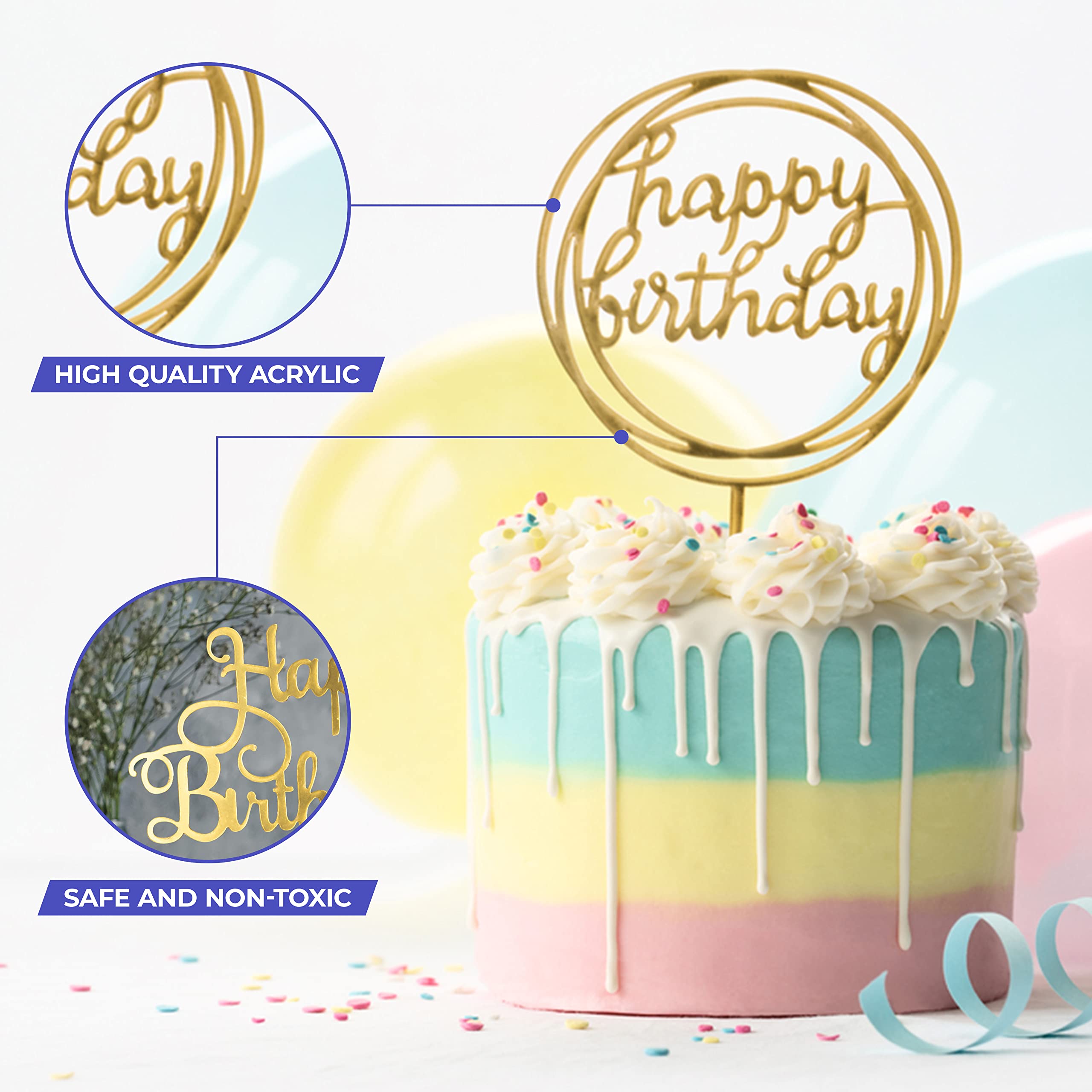 Buy BakeMaestro Happy Birthday Cake Toppers Gold Acrylic Cake Topper 