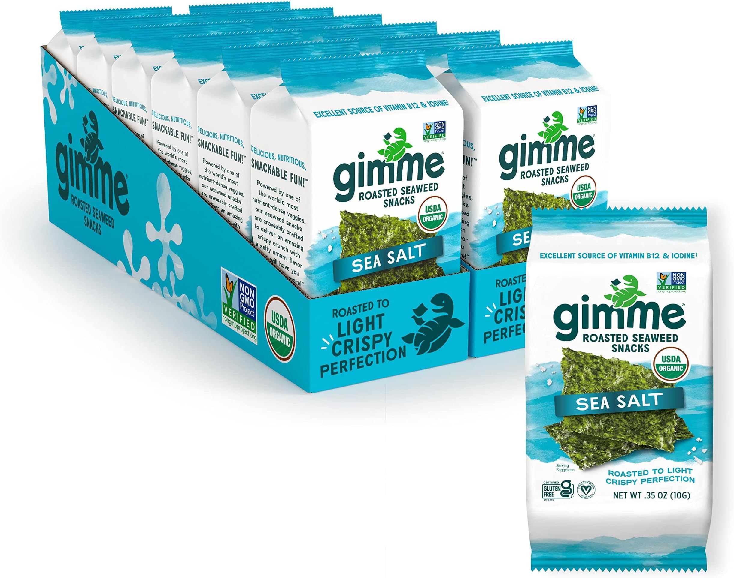 Gimme Seaweed Organic Premium Roasted Seaweed Snacks, Sea Salt, 12 Count Sharing Size, Keto, Vegan, Gluten-Free, Great Source of Omega3s and Iodine, Healthy On-The-Go Snack for Kids and Adults