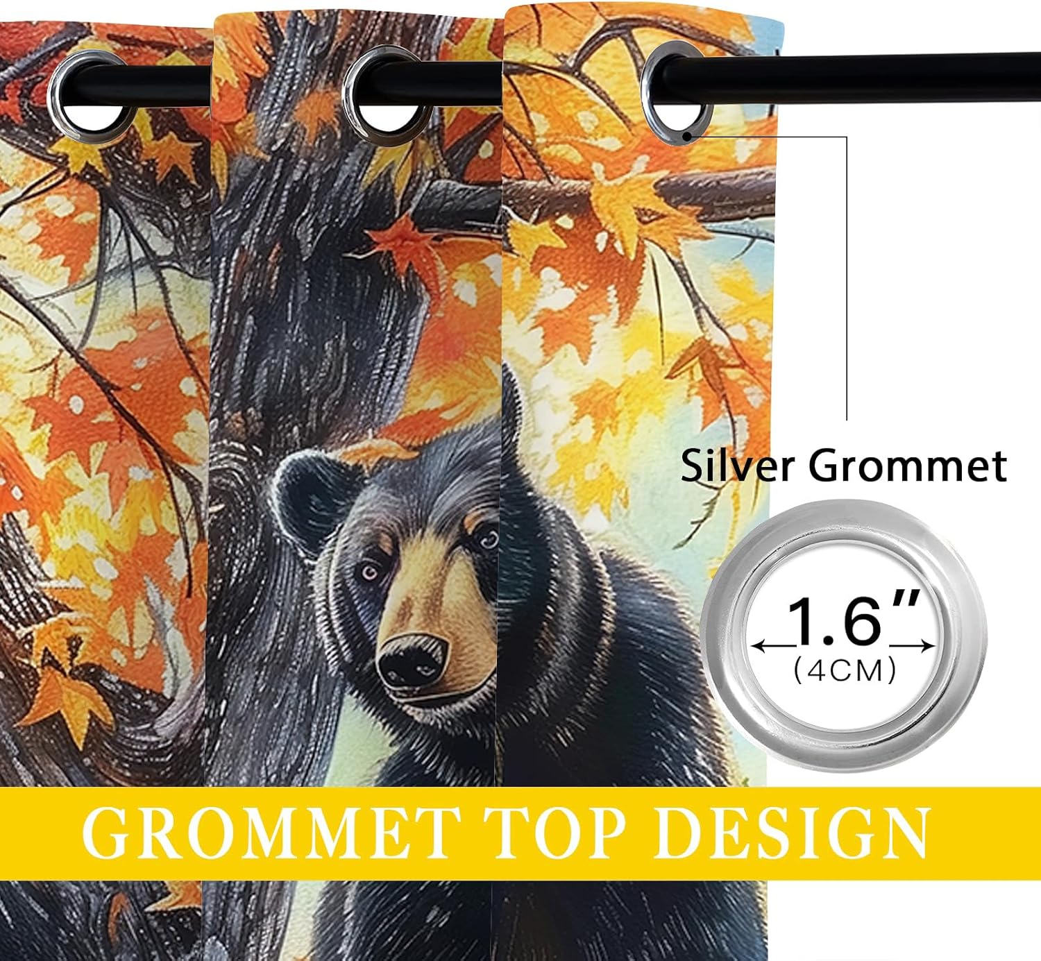 Bear Blackout Curtains for Girls Boy Home Decor, Wildlife Rustic National Forest Farm Autumn Grommet Thermal Insulated Drapes Darkening Window Curtain for Bedroom Living Room, 42 x 45 Inch
