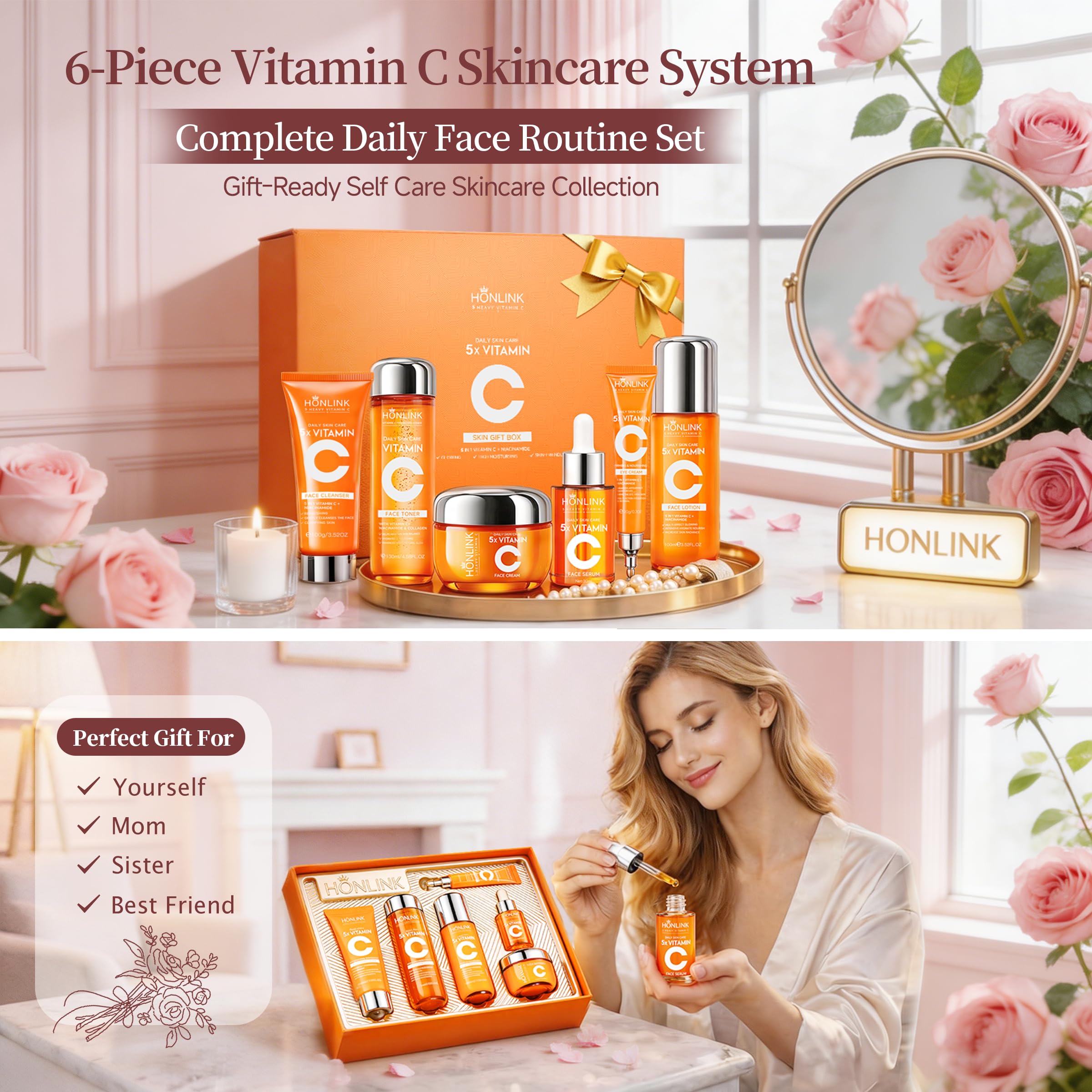 6-Piece Hydrating Vitamin C Skincare Set with Niacinamide, Daily