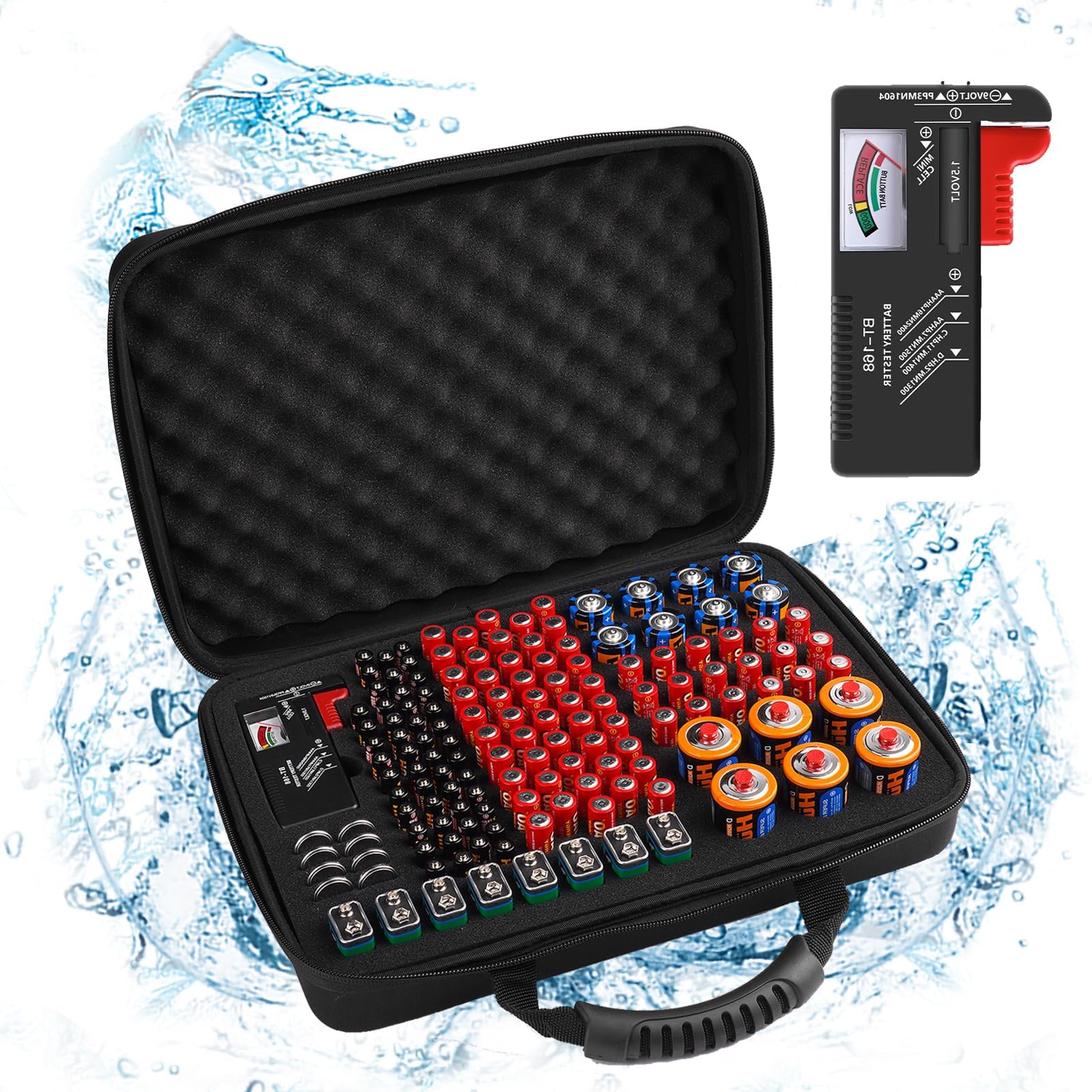 Arkeiliy Battery Organizer, Battery Organizer Storage Case with Tester BT-168, Waterproof Battery Holder Box Holds, Battery Case Organizer 145+ AA AAA C D 9V Batteries (Batteries are Not Included)