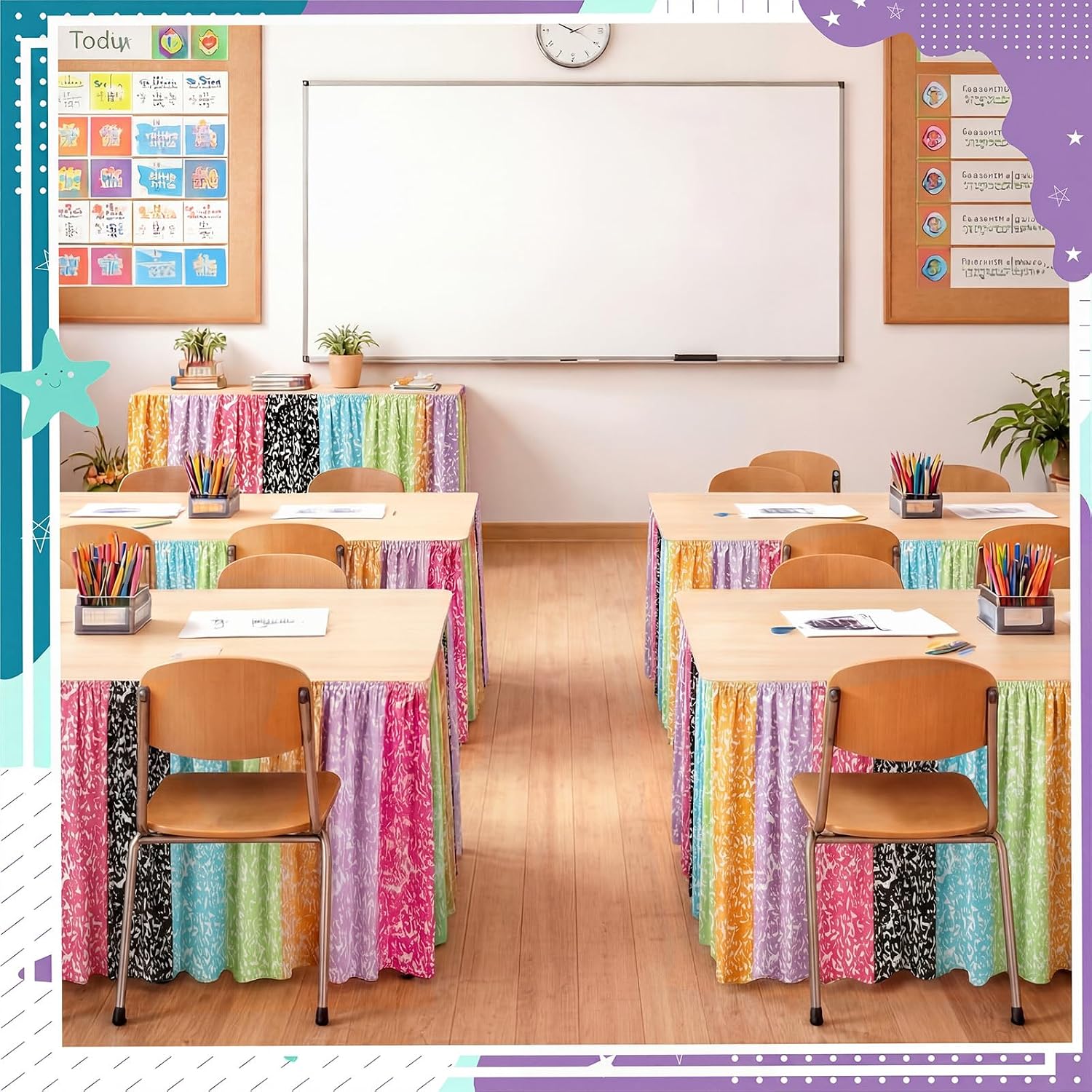 Hahafelt 14 ft Composition Table Skirt Cloths Rainbow Color Composition Book Table Skirt Notebook Rectangle Tablecover Decorations for Teacher Desk Office Classroom Bookcase Back to School Supplies