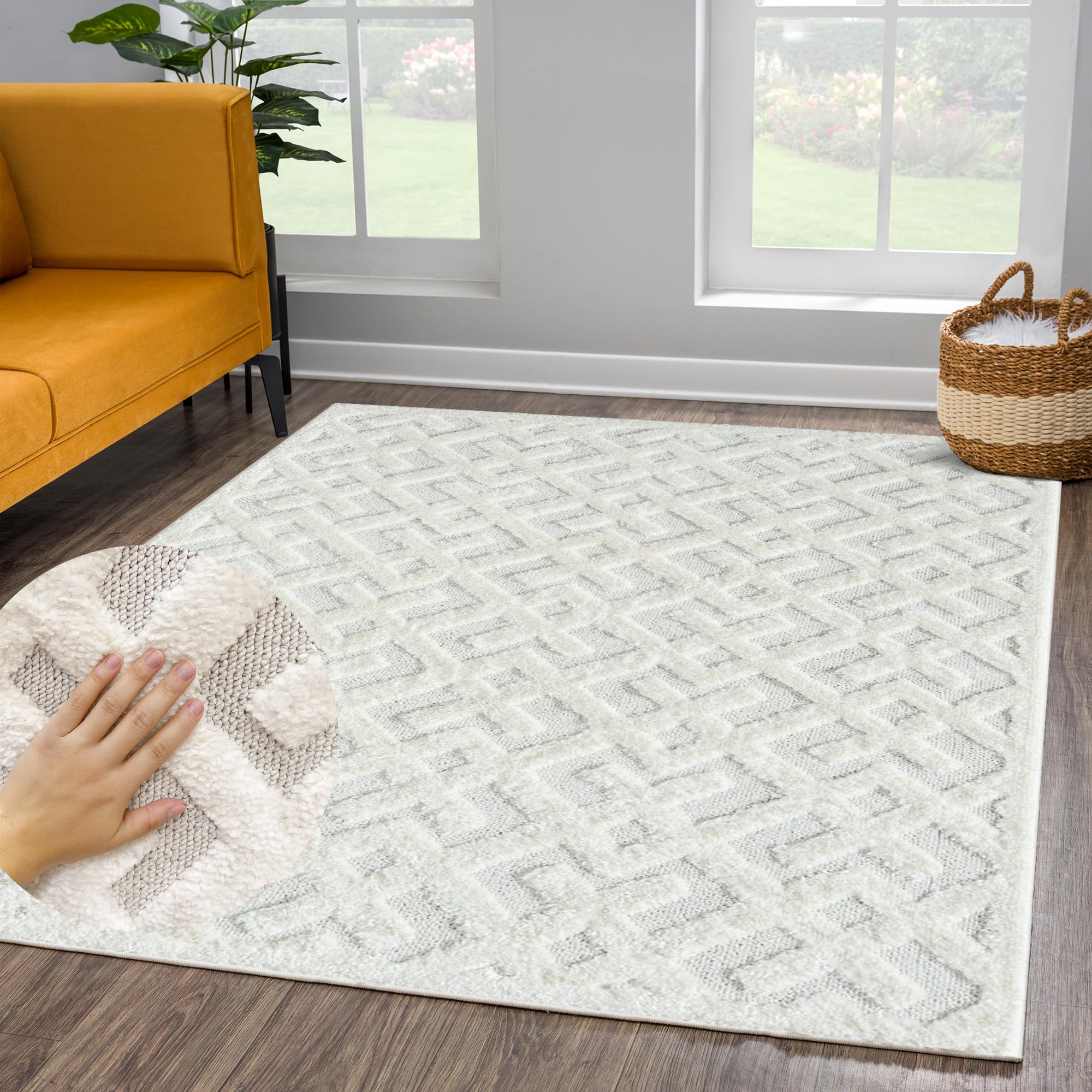 Tapis de salon uni à poils longs 140x200 cm en velours doux géométrique scandinave