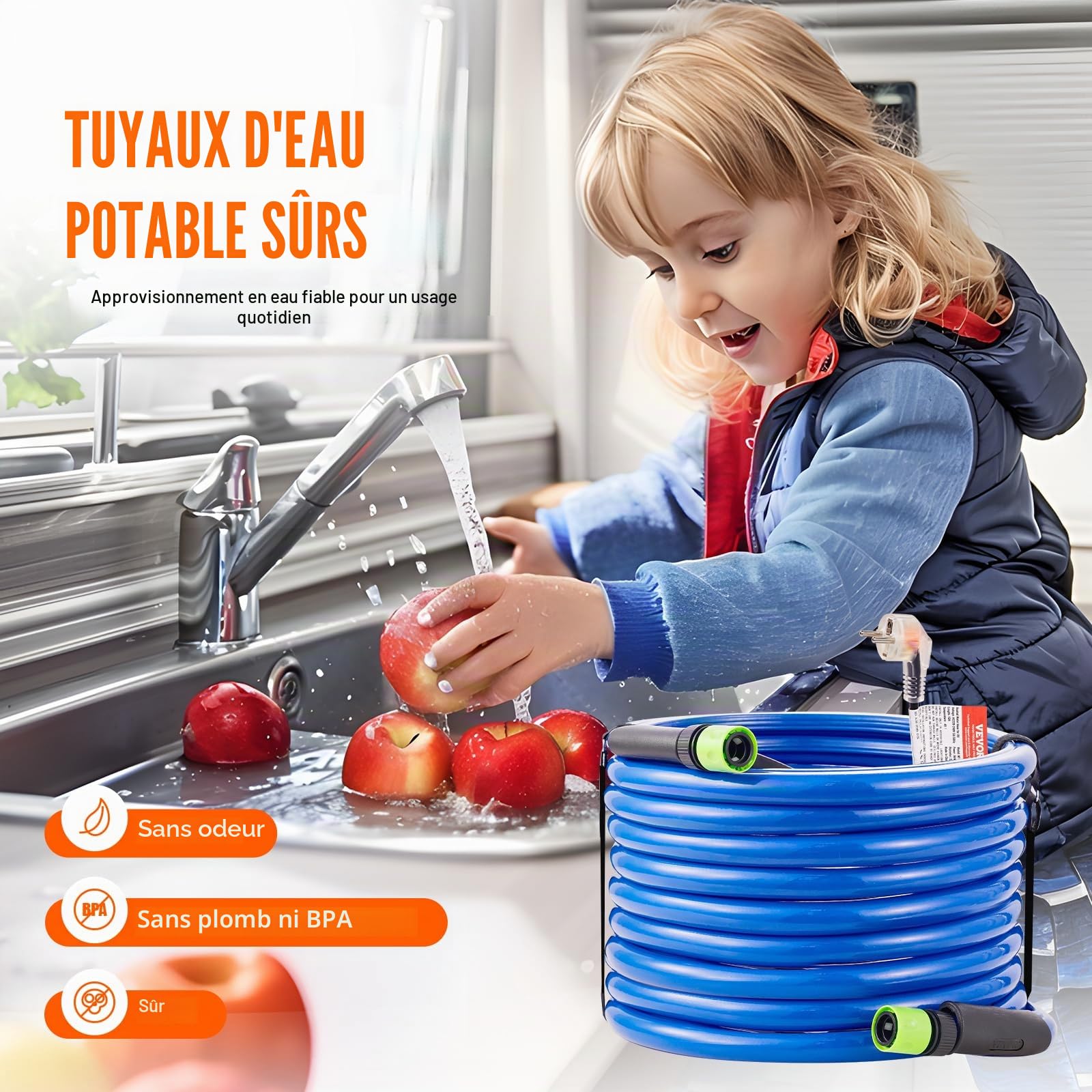VEVOR Tuyau d'Eau Chauffant 15,3 m pour Camping-car, Tuyau d'Eau Potable Antigel jusqu'à -42,7 ℃, Autorégulation Automatique, Diamètre Intérieur de 16 mm avec Raccords Rapides, sans Plomb et sans BPA