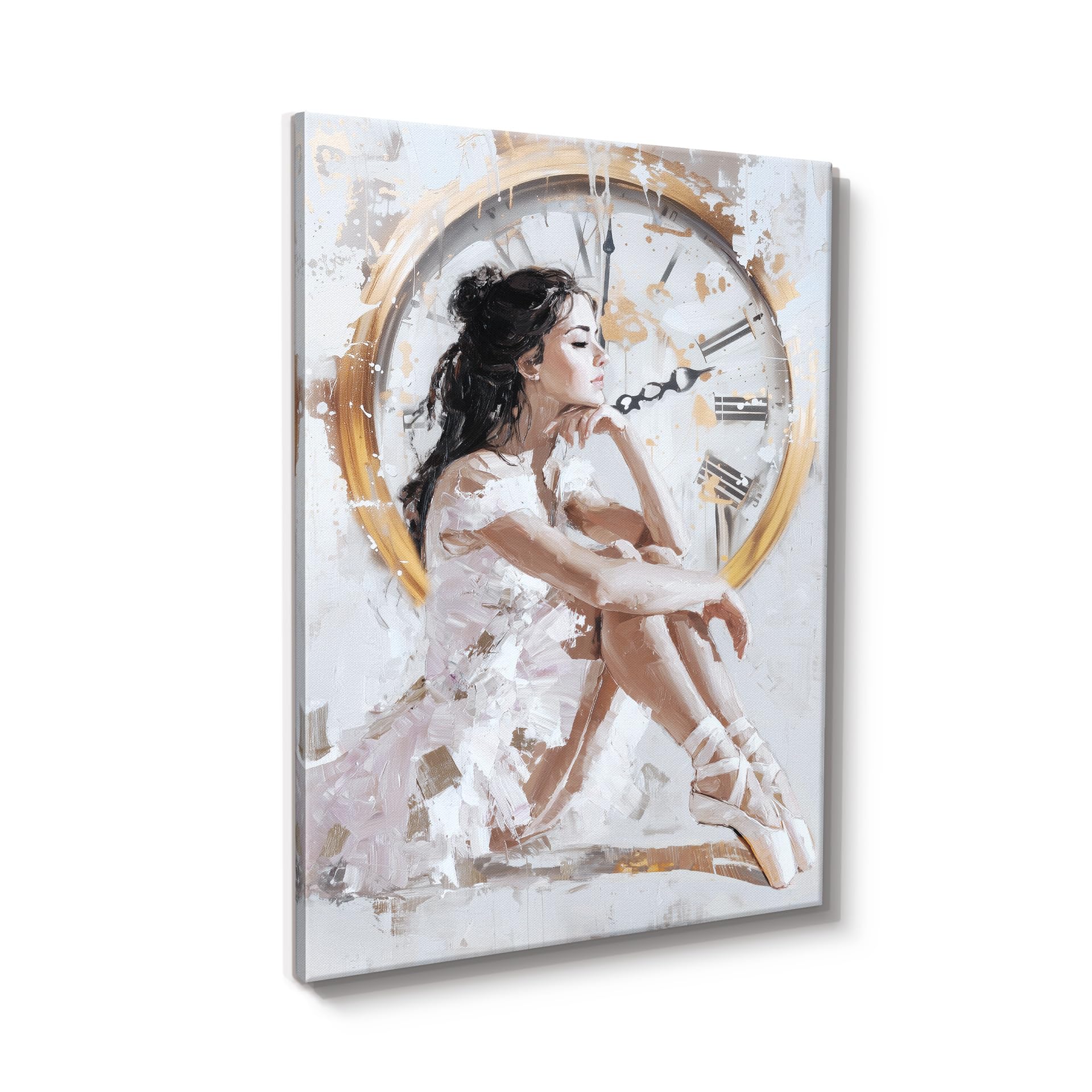 STYLER Leinwandbild Dreaming 70 x 100 cm – Canvas-Handpainting mit Ballerina-Motiv – Elegante Kunst in Weiß und Gold – Sensual Serenity Kollektion – Modern Classic Wandbild Deko