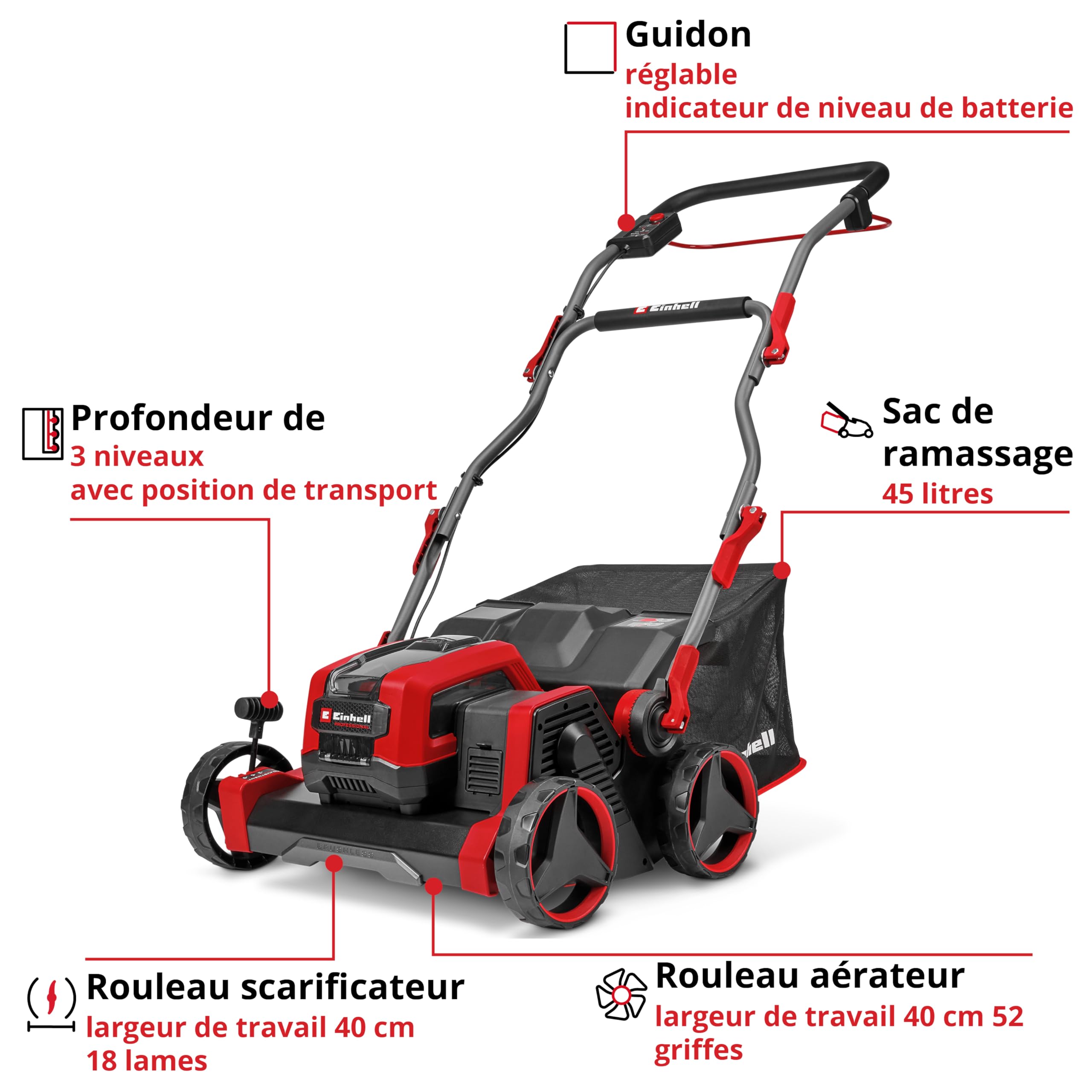 Einhell Professional Scarificateur-aérateur sans fil GP-SA 36/40 Li BL-Solo PXC (36 V, largeur de travail 40 cm, sans charbon, max. 1100 m², avec rouleau aérateur et rouleau à lames, sans batterie)