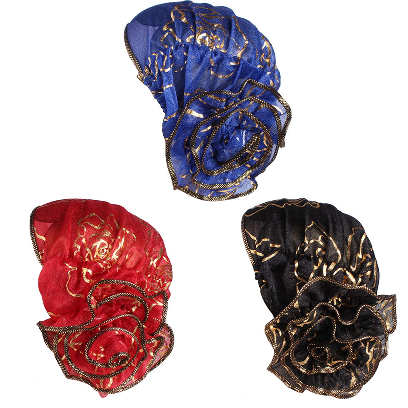 3 Packs Flower Turban Beanie Cap Stretchy Hair Wrap for Women Headwrap Beanie Pre-Tied Bonnet Cap Hair Loss Hat (Blue&Red&Black)