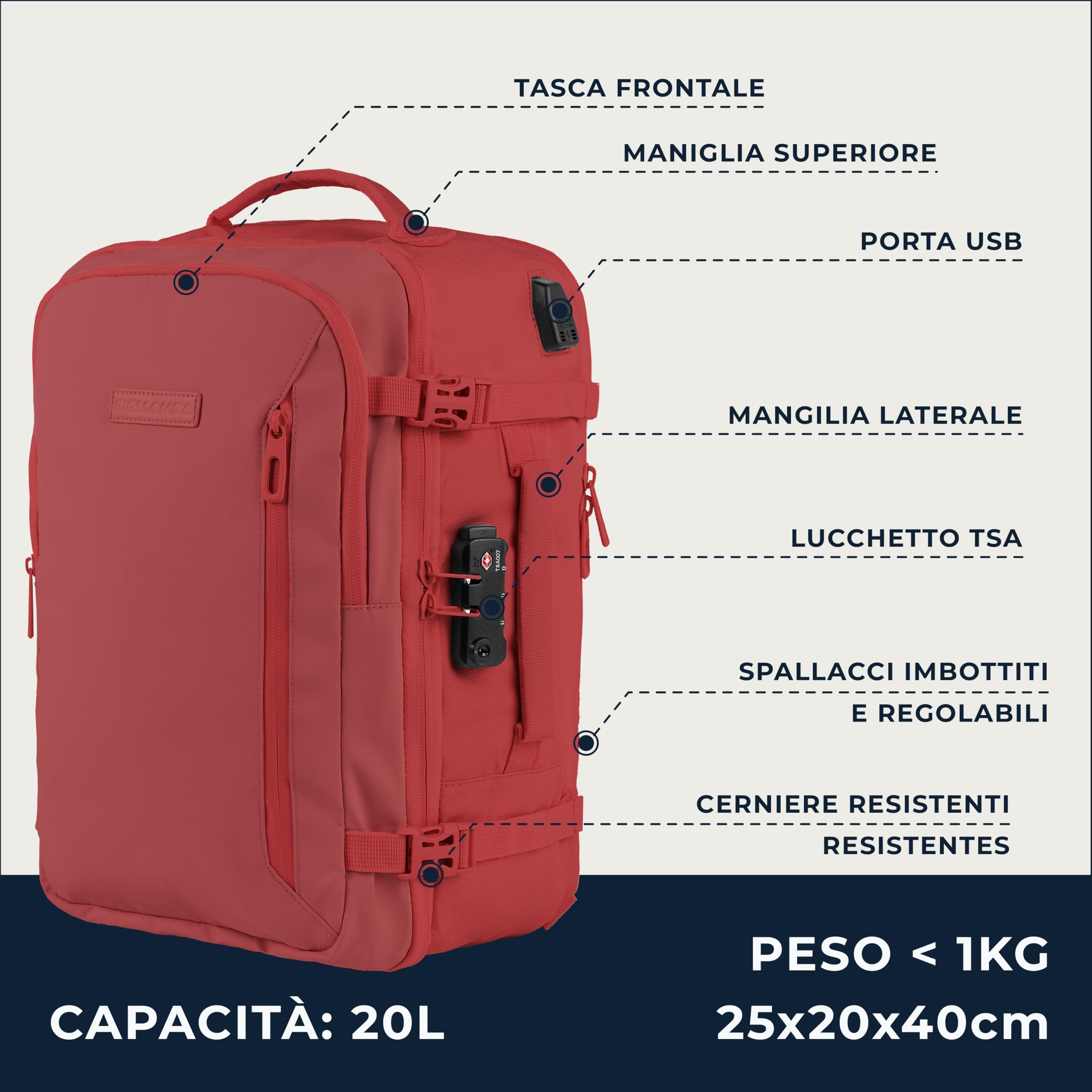 Zaino Bagaglio A Mano 40x20x25 Ryanair, Zaino Borsa 20L Voli Low Cost Easyjet - Rosso