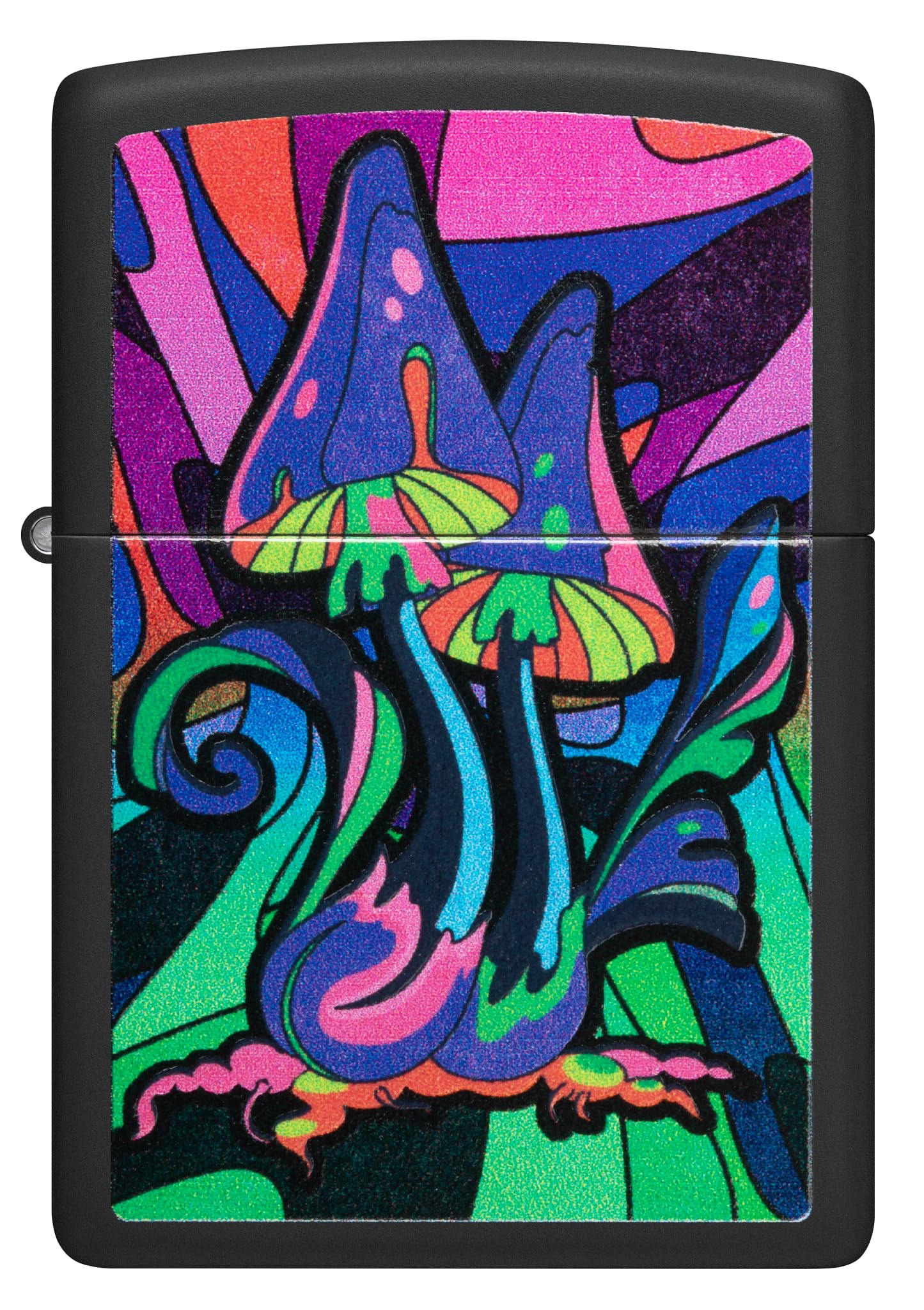 Zippo - Briquet Tempête Motif Champignons Psychédéliques Et Galaxie/Contre-Culture, Noir Mat, Lumière Noire, Rechargeable, Réutilisable, Coupe-Vent, Coffret Cadeau, Fabriqué Aux États-Unis