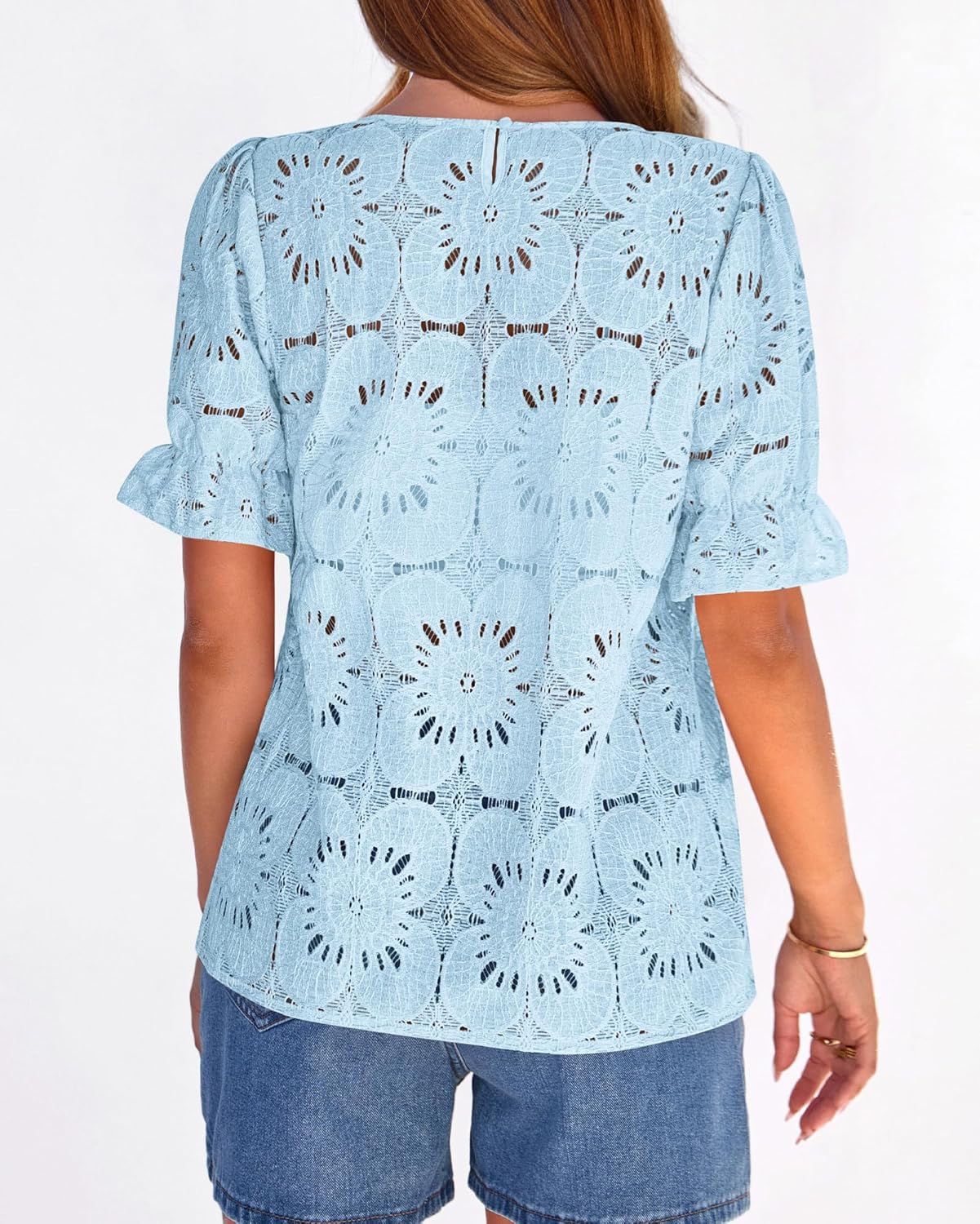 KIRUNDO Lace Tops for Women Blouses Dressy Casual Boho Eyelet Puff Short Sleeve Shirts Spring Summer Clothes Vacation Outfits - Image 4