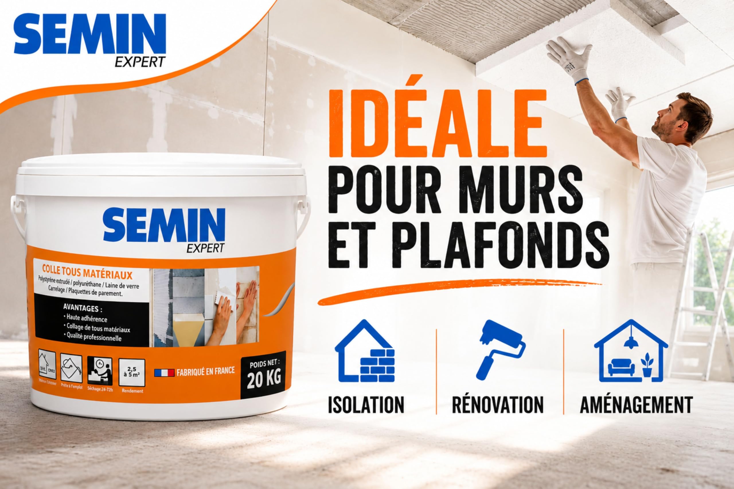 SEMIN Colle Tout Matériaux – 2 X 20 kg – Haute Adhérence Sans Solvant – Prête à l'Emploi – Intérieur/Extérieur – Polystyrène, Liège, Laine de Verre, Carrelage et Plaquettes de Parement