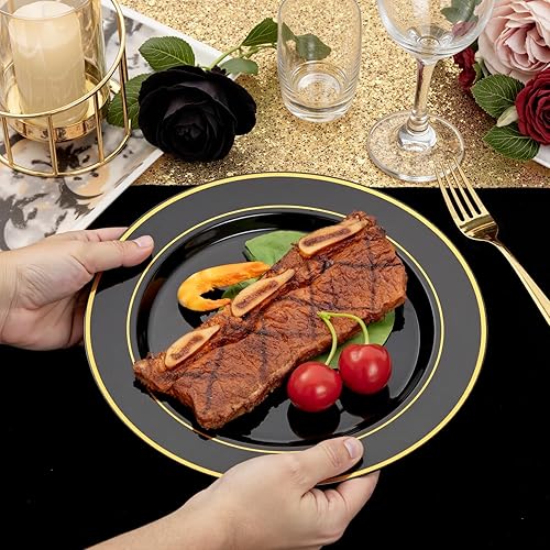 Miniatura 7 de NOCCUR 200 platos de plástico negro y dorado para 100 invitados - Incluyen 100 platos desechables resistentes de 10" para cena  100 platos