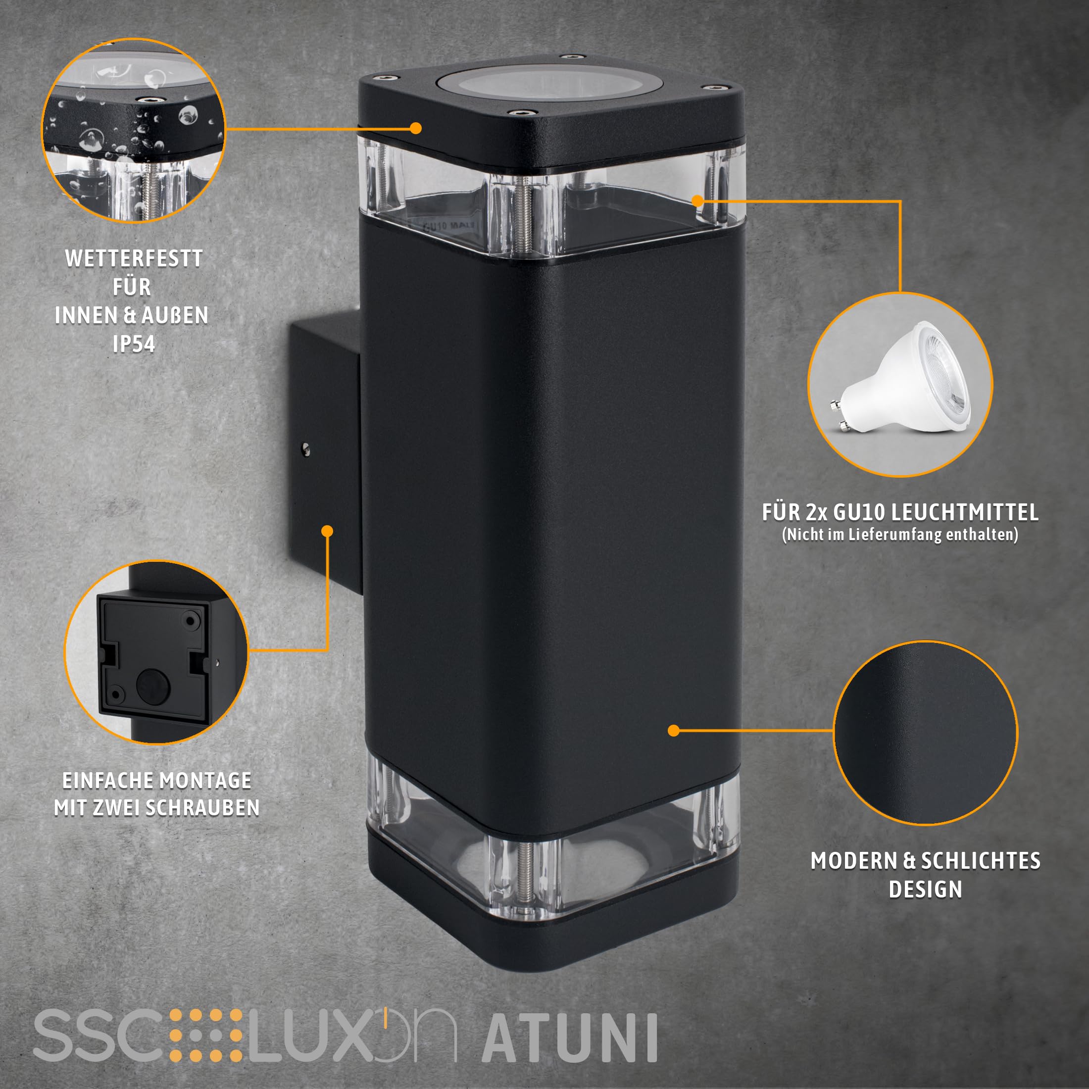 SSC-LUXon 2 Stück ATUNI Außenleuchten schwarz Up & Down - Wetterfeste aussen Wandleuchte IP54 für 2x GU10 (ohne Leuchtmittel)