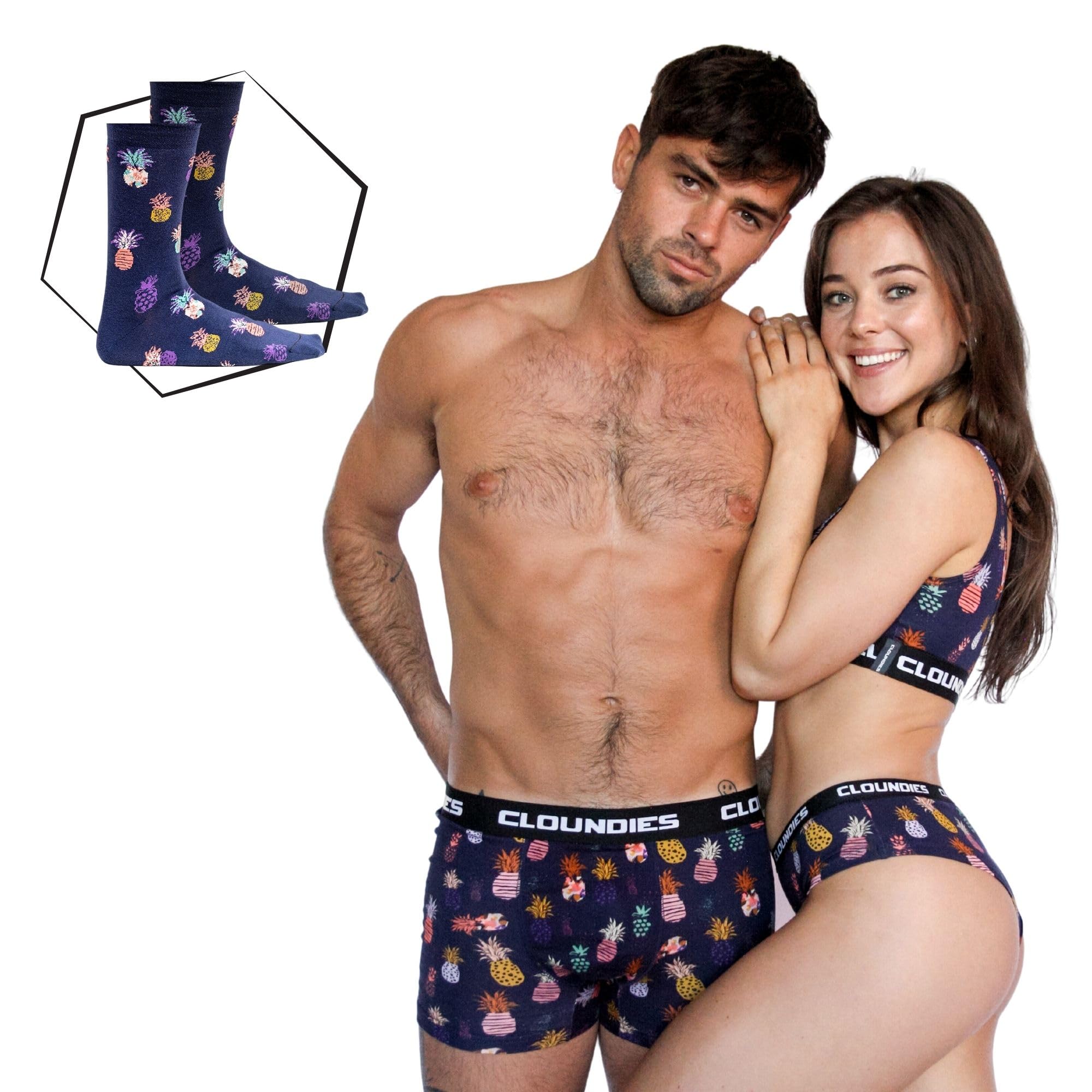 CloundiesMatching Underwear for Couples - Pineapple Design Cotton Undies Set with Socks - His and Hers Gifts