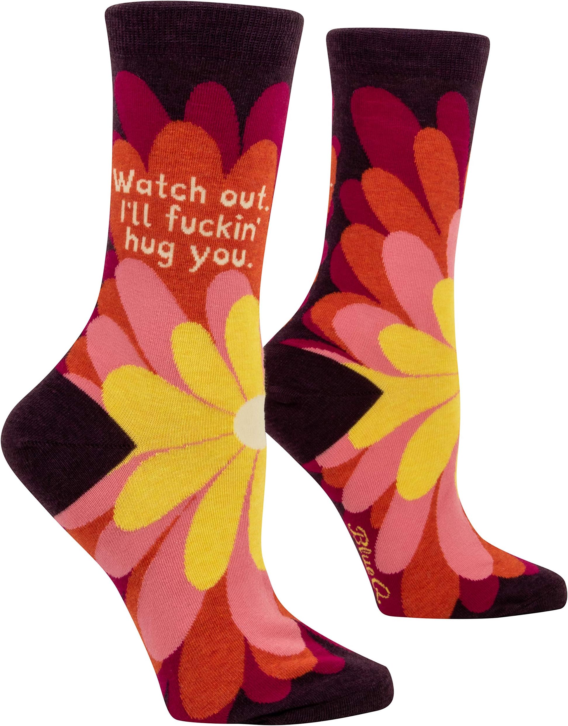 Blue QWomen's Funny Crew Socks - Watch out. I'll Fucking Hug You. Fit shoe size 5-10.