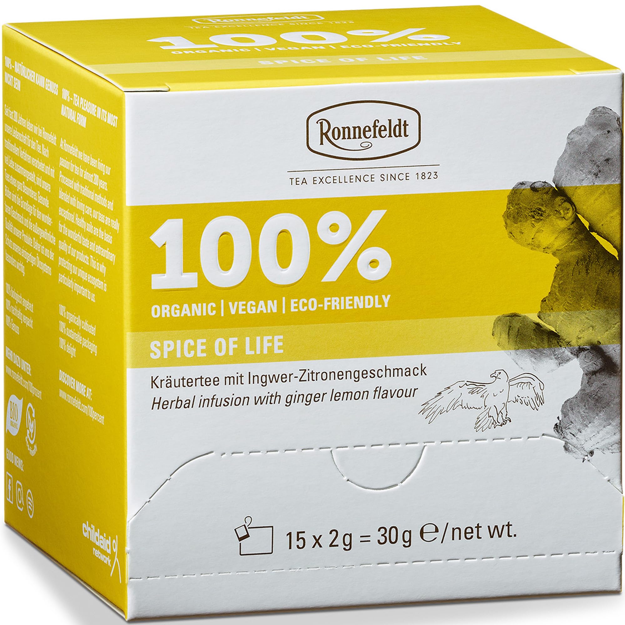 Ronnefeldt 100% Spice of Life – German Herbal Tea with Ginger, Lemongrass, Mint & Lemon Peel – Loose Leaf Chai in 15 Individually Wrapped Bags – Naturally Caffeine-Free