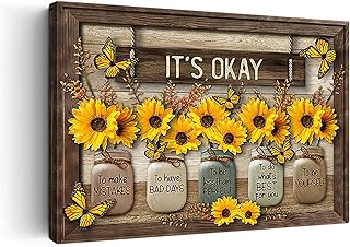 Farmhouse Wall Decor Sunflower Wall Art It's Okay Inspirational Quotes Canvas Print Framed Artwork for Bathroom Decor Wall Art Rustic Sunflower Painting Picture For Office Kitchen Decor 12x18 Inch
