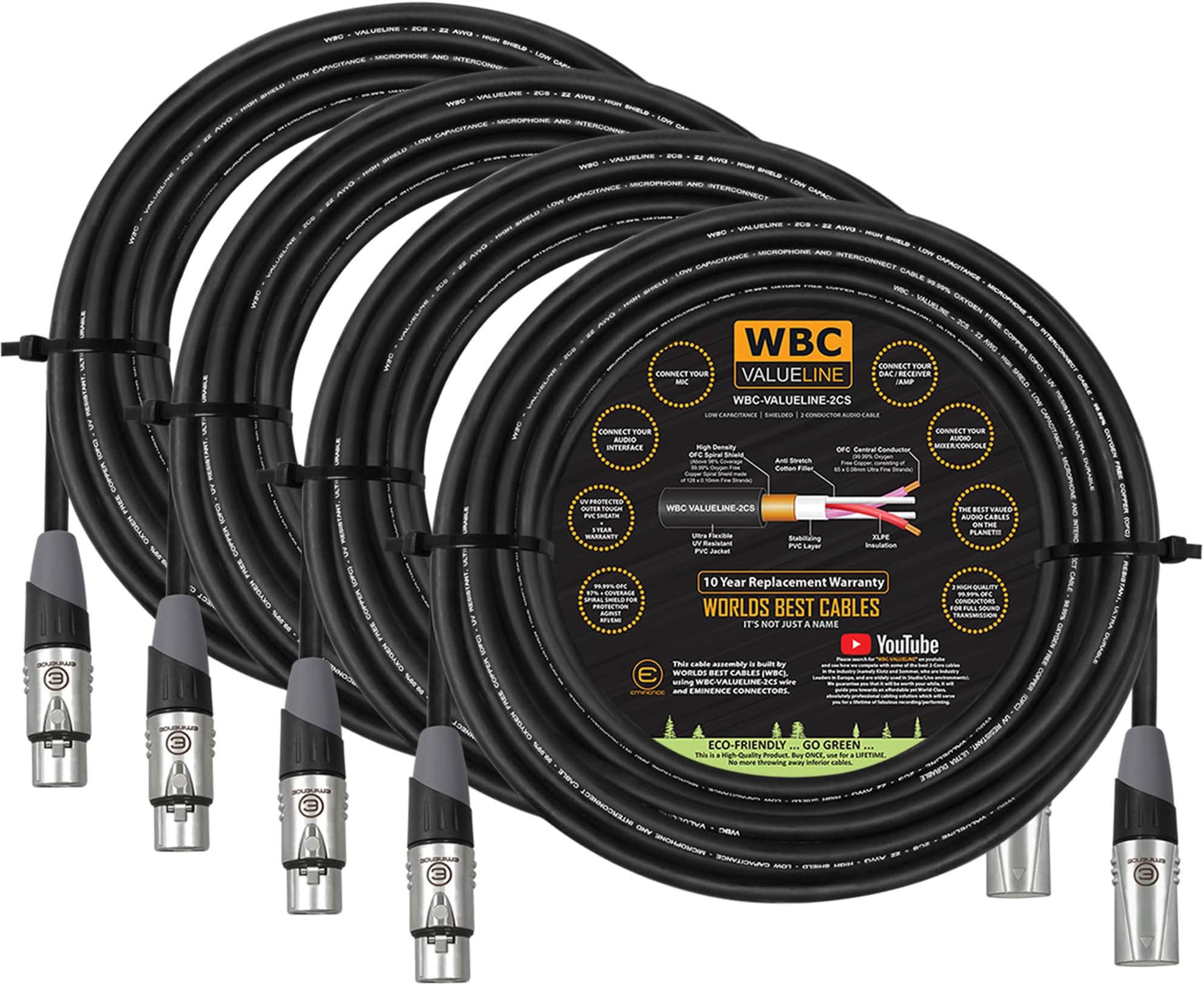 WBC-VALUELINE-2CS (22 AWG) - 4 Units - 18 Foot–Low-Capacitance Shielded Balanced Flexible Microphone, Active-Speaker & Interconnect Cables with Eminence Gold XLR Connectors