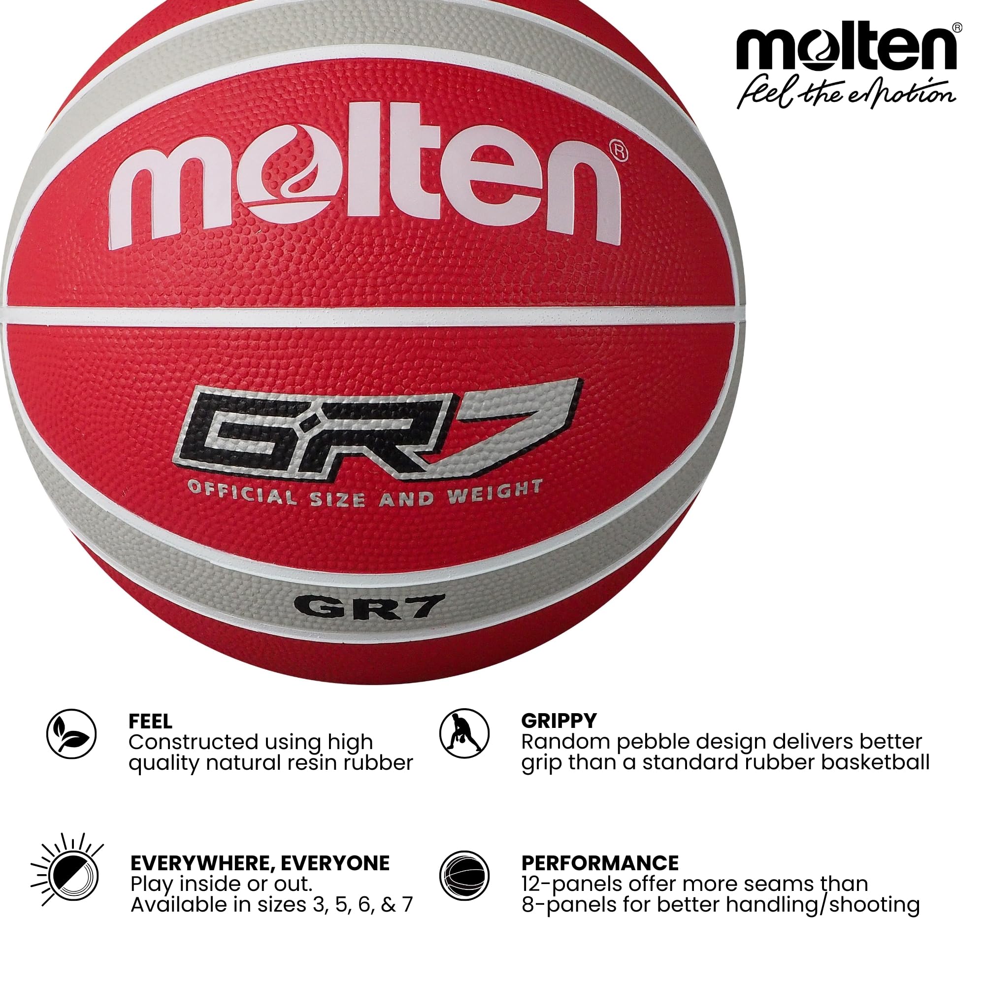 Molten Men's BGR7-WRS Basket Ball White, Size 7, Red/Silver, Boys 15+, Adult