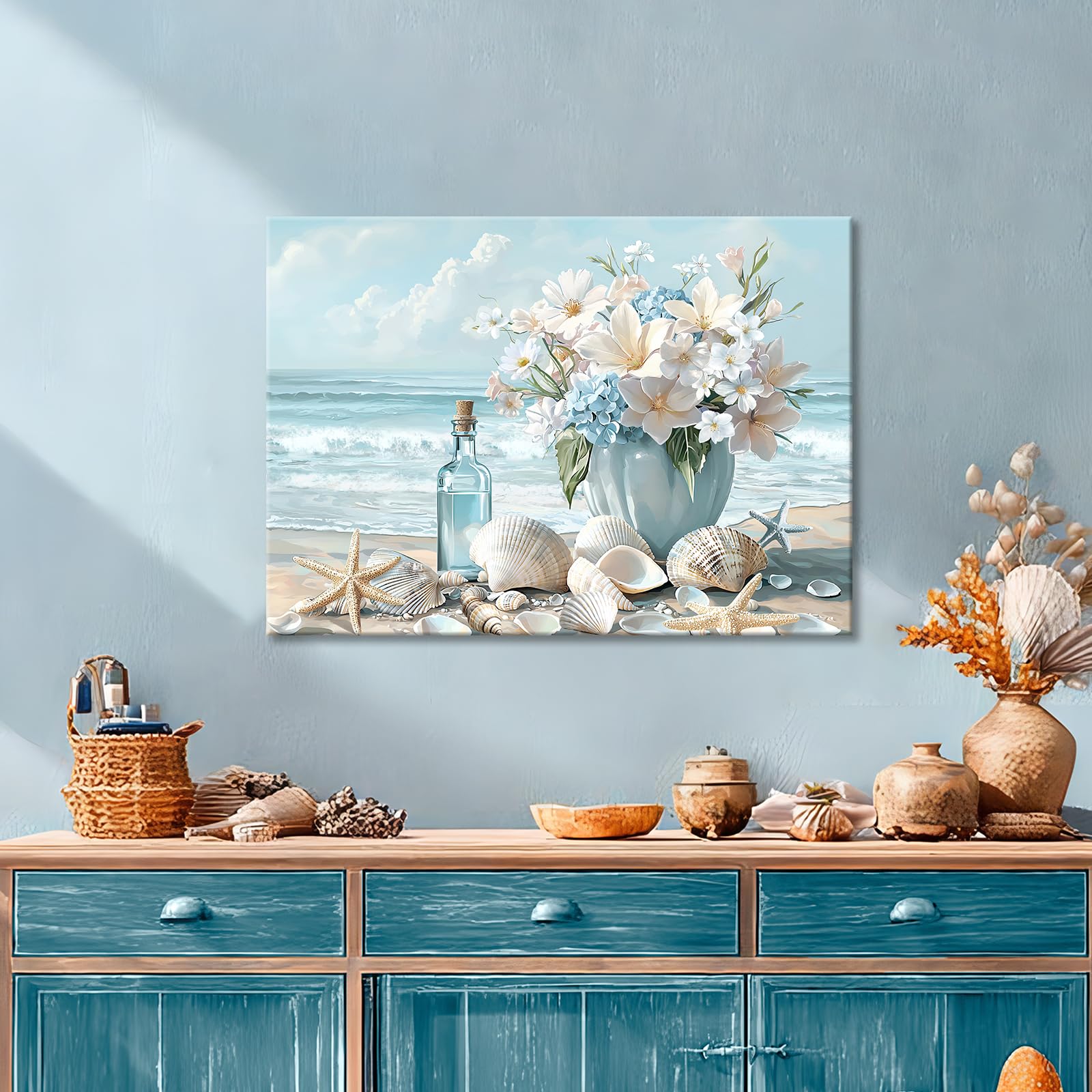 Wooden Framed Canvas Wall Art Blue Ocean Coastal Seascape Painting on Canvas Prints Poster Hydrangea Lilies Flower in Vase Pictures for Living Room Bedroom Home Hallway Corridor Wall Decor 40x60cm - Image 4