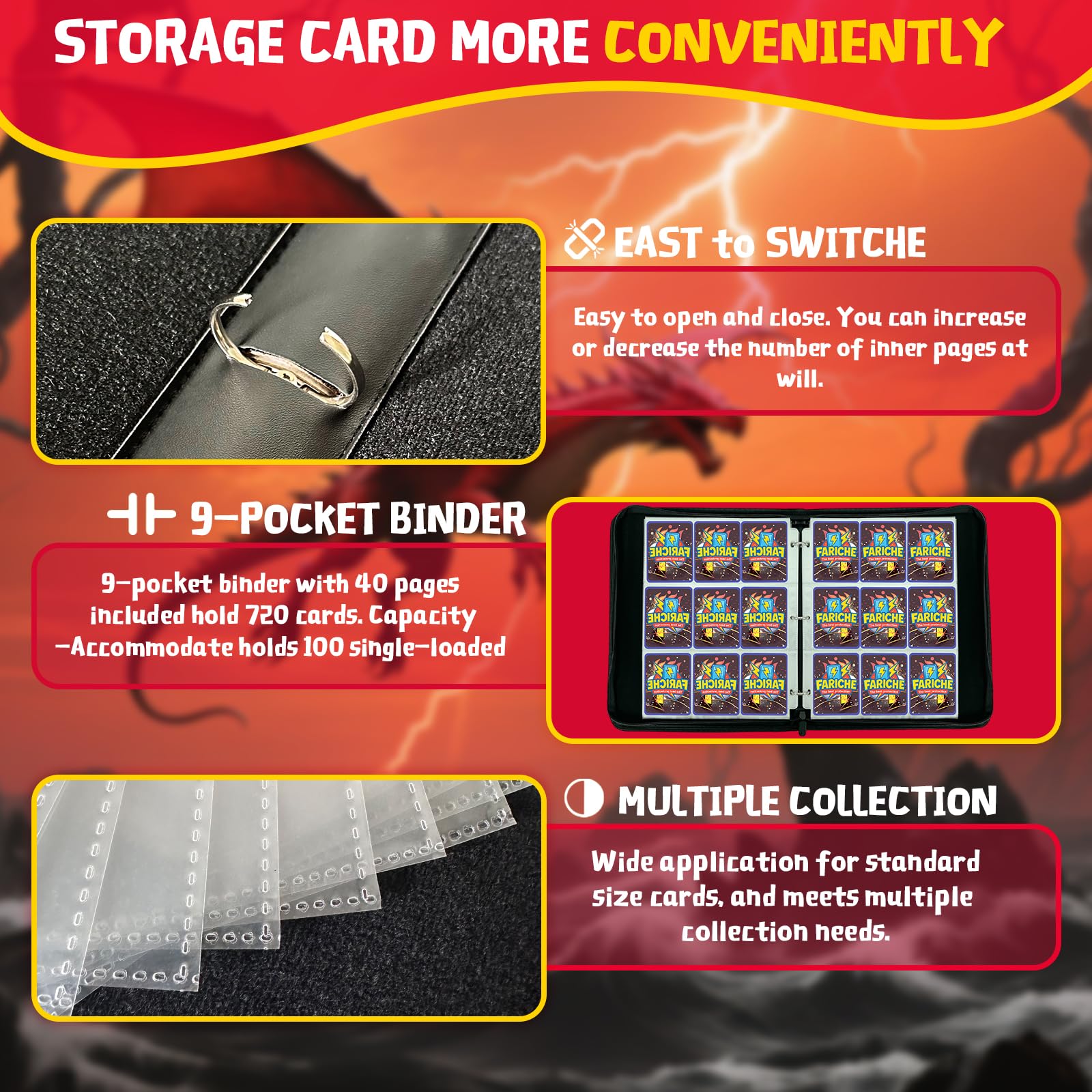 Trading Card Binder - 9-Pocket Portfolio Holds 720 Cards With 40 Removable Pages
