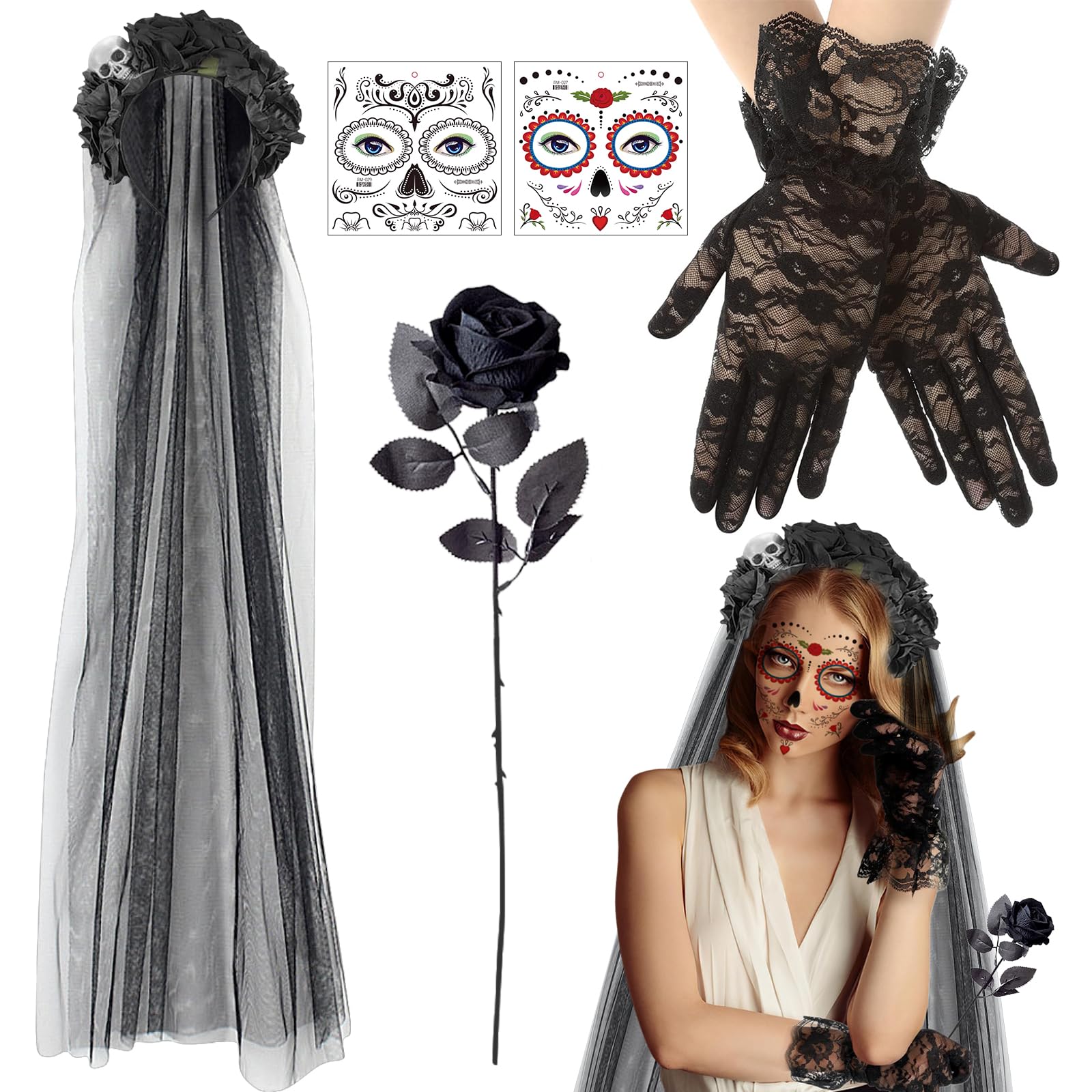 Costume di Halloween da donna, Dia De Los Muertos, cerchietto per capelli con velo, giorno del costume morto, per Halloween, per carnevale