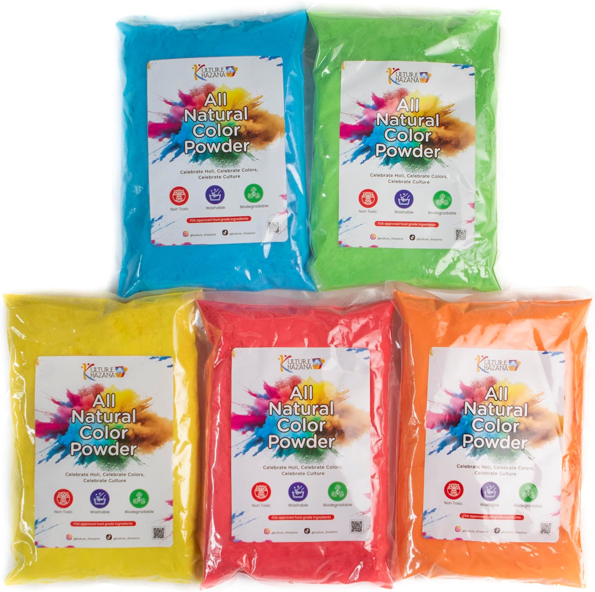 Kulture Khazana Holi Color Powder 1lb Bags - 5 Pack - All-Natural, Washable, Non-Toxic, Multicolor